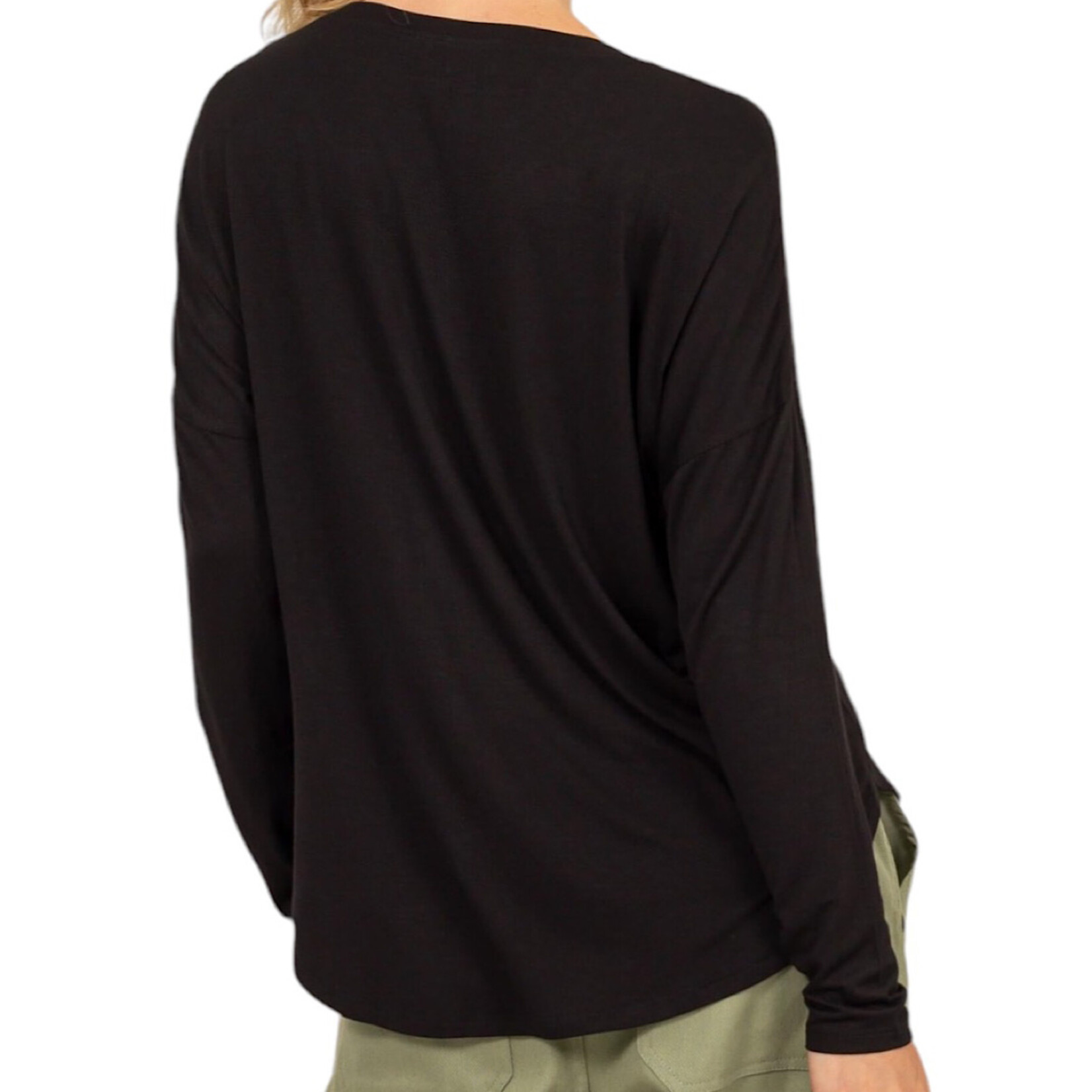 Black Round Neck Long Sleeve Curved Hem Top