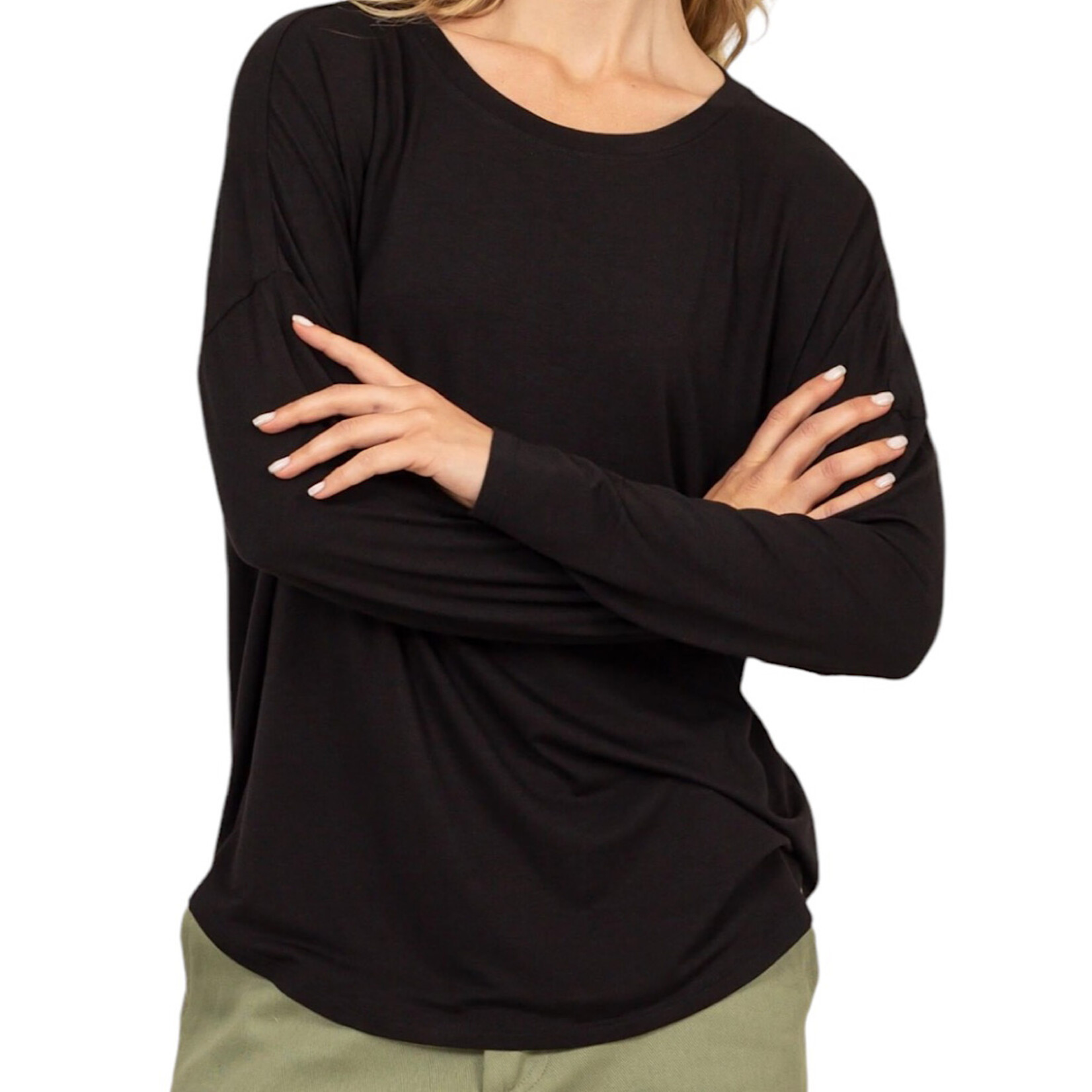 Black Round Neck Long Sleeve Curved Hem Top