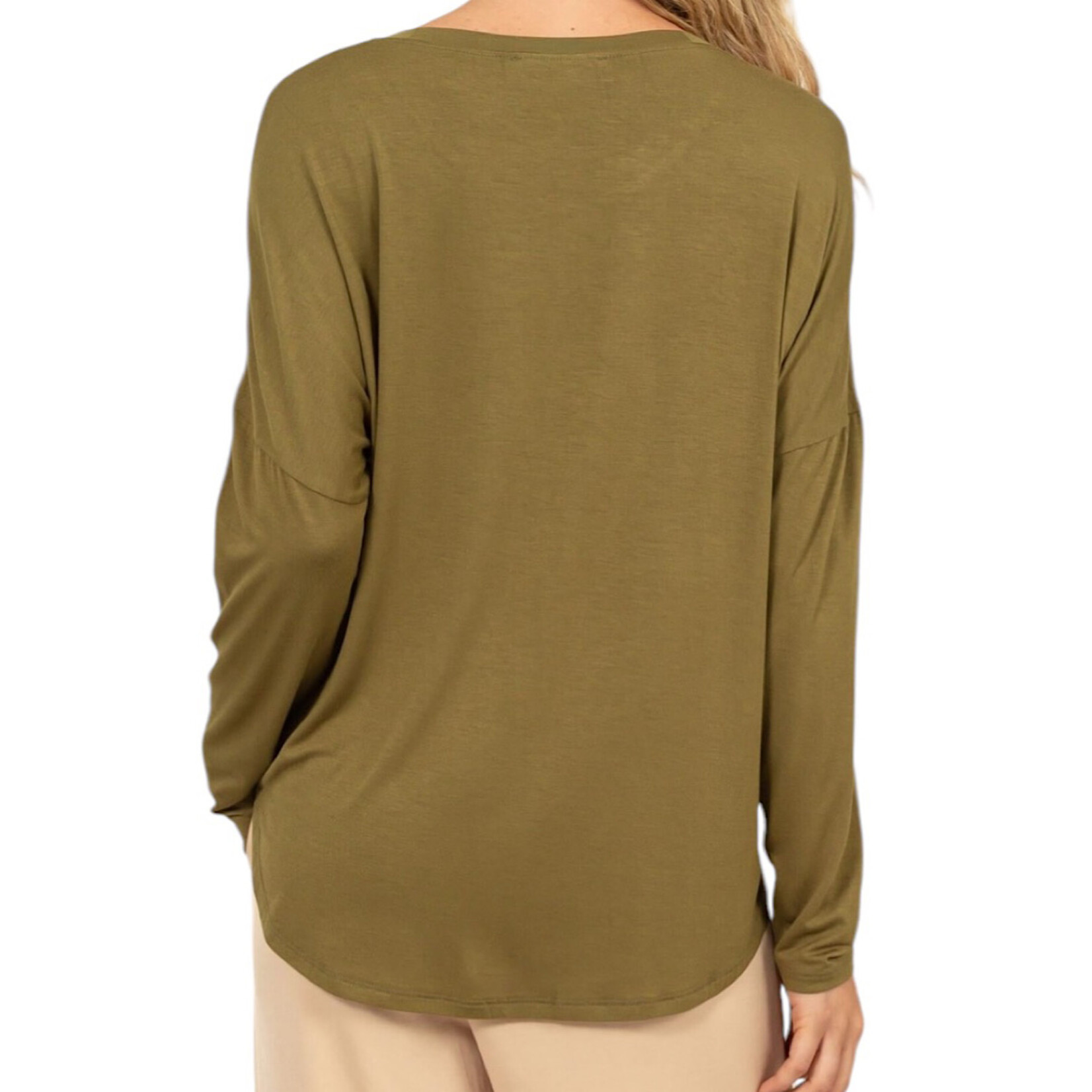 Moss Round Neck Long Sleeve Curved Hem Top