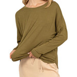 Moss Round Neck Long Sleeve Curved Hem Top