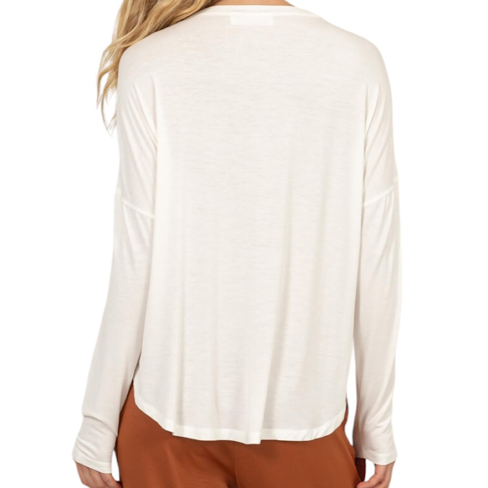 Off White Round Neck Long Sleeve Curved Hem Top