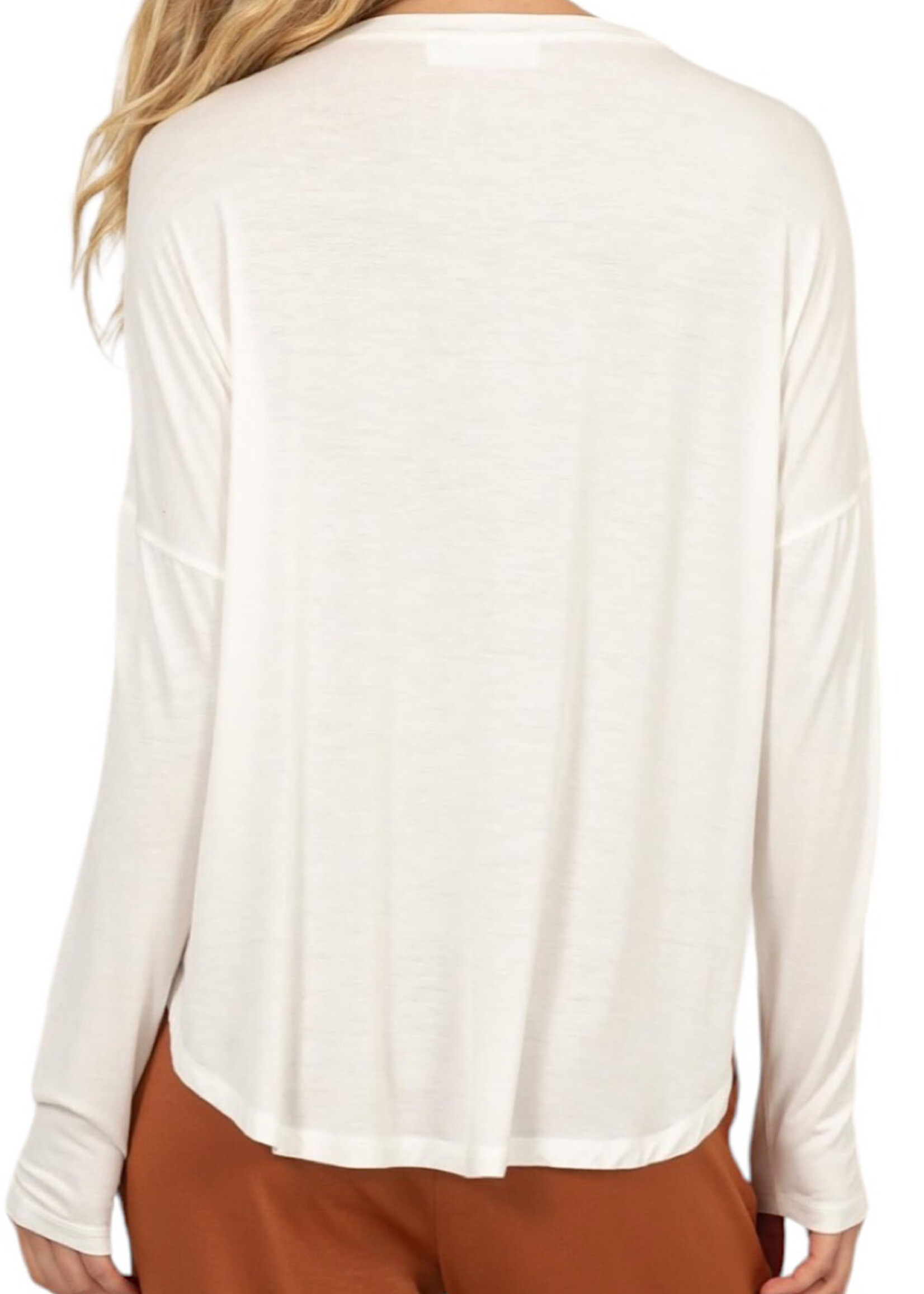 Off White Round Neck Long Sleeve Curved Hem Top