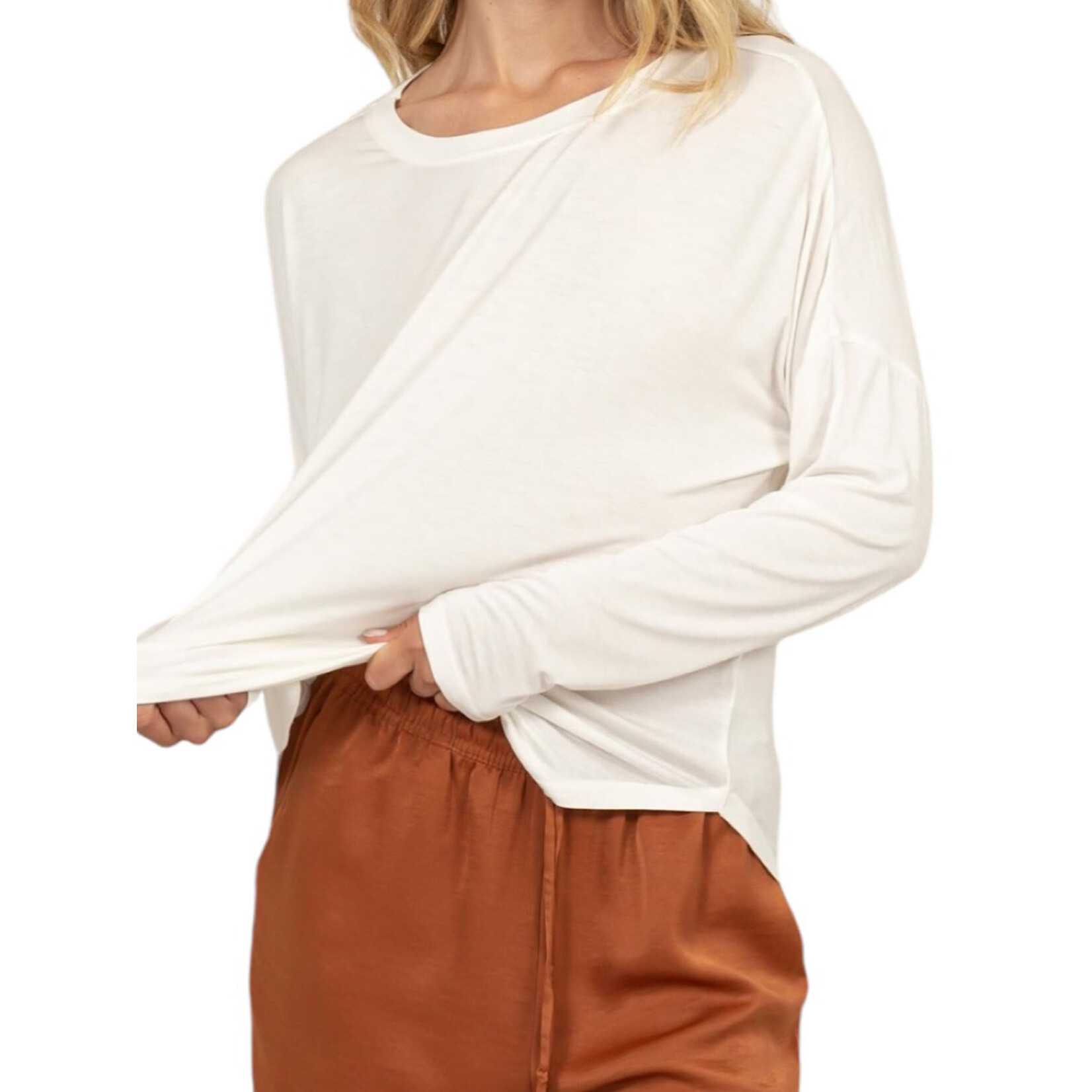 Off White Round Neck Long Sleeve Curved Hem Top