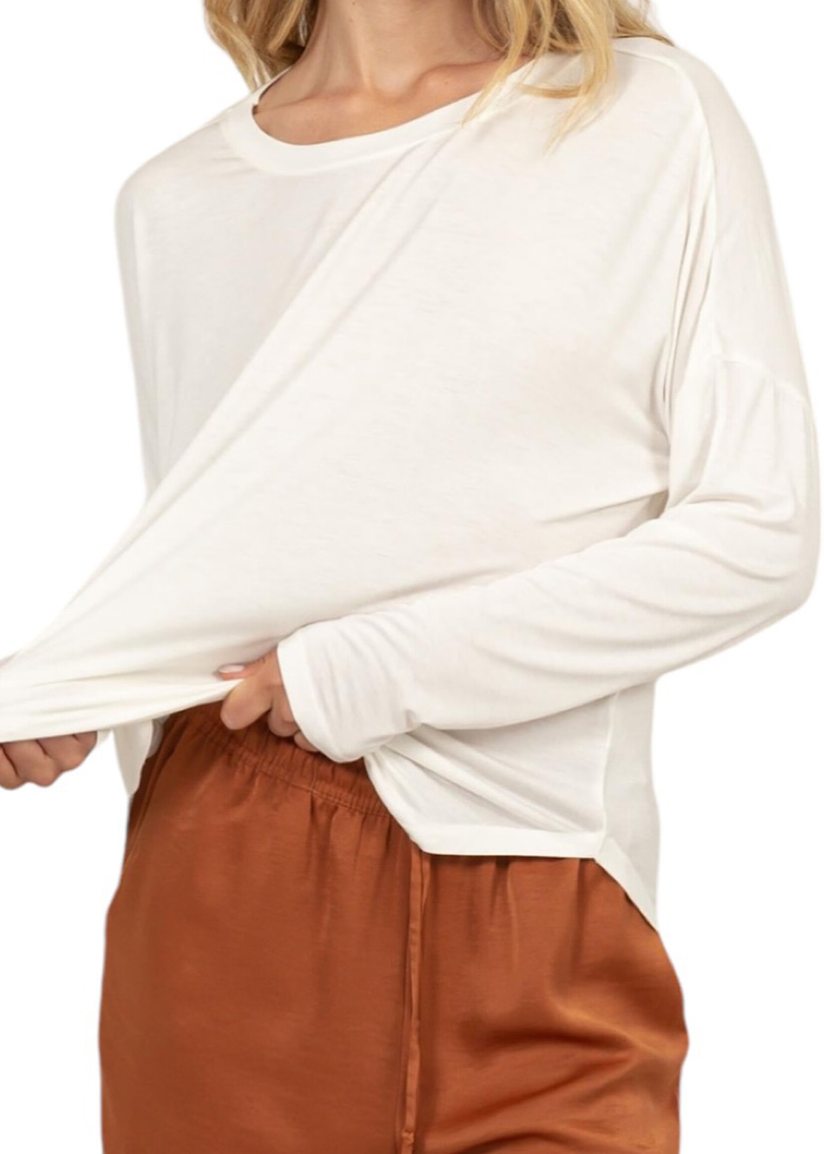 Off White Round Neck Long Sleeve Curved Hem Top