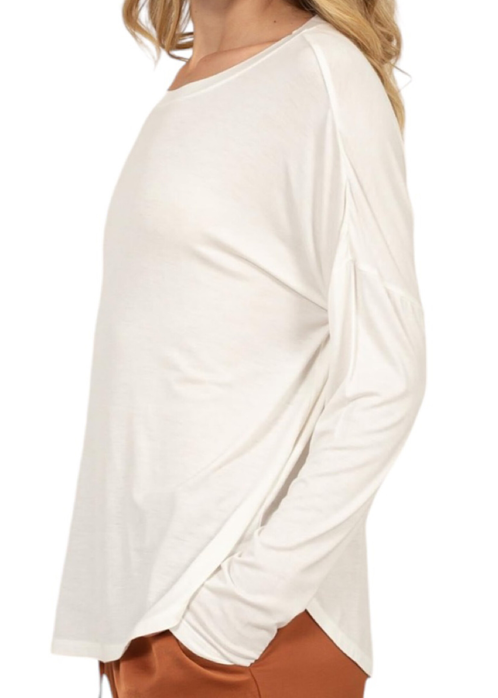 Off White Round Neck Long Sleeve Curved Hem Top