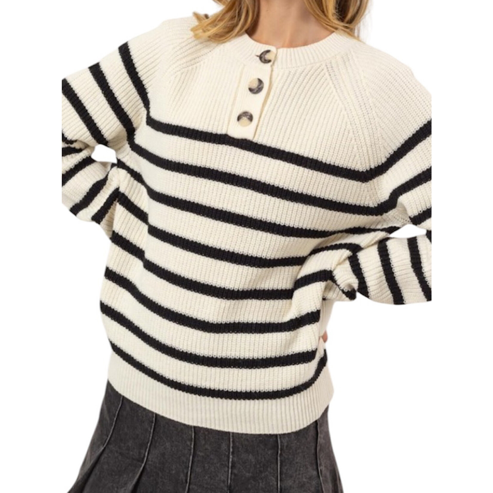 Black/Cream Striped Henley Sweater