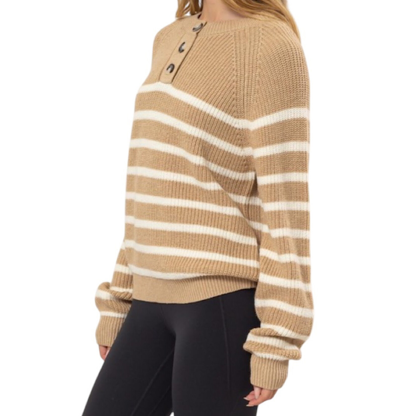 Cream/Taupe Striped Henley Sweater