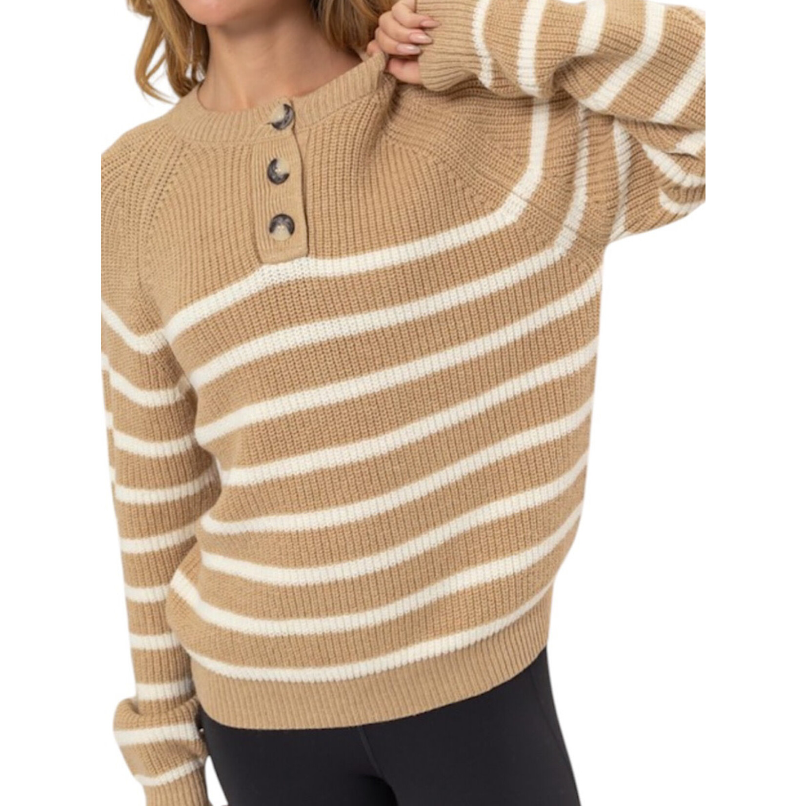 Cream/Taupe Striped Henley Sweater
