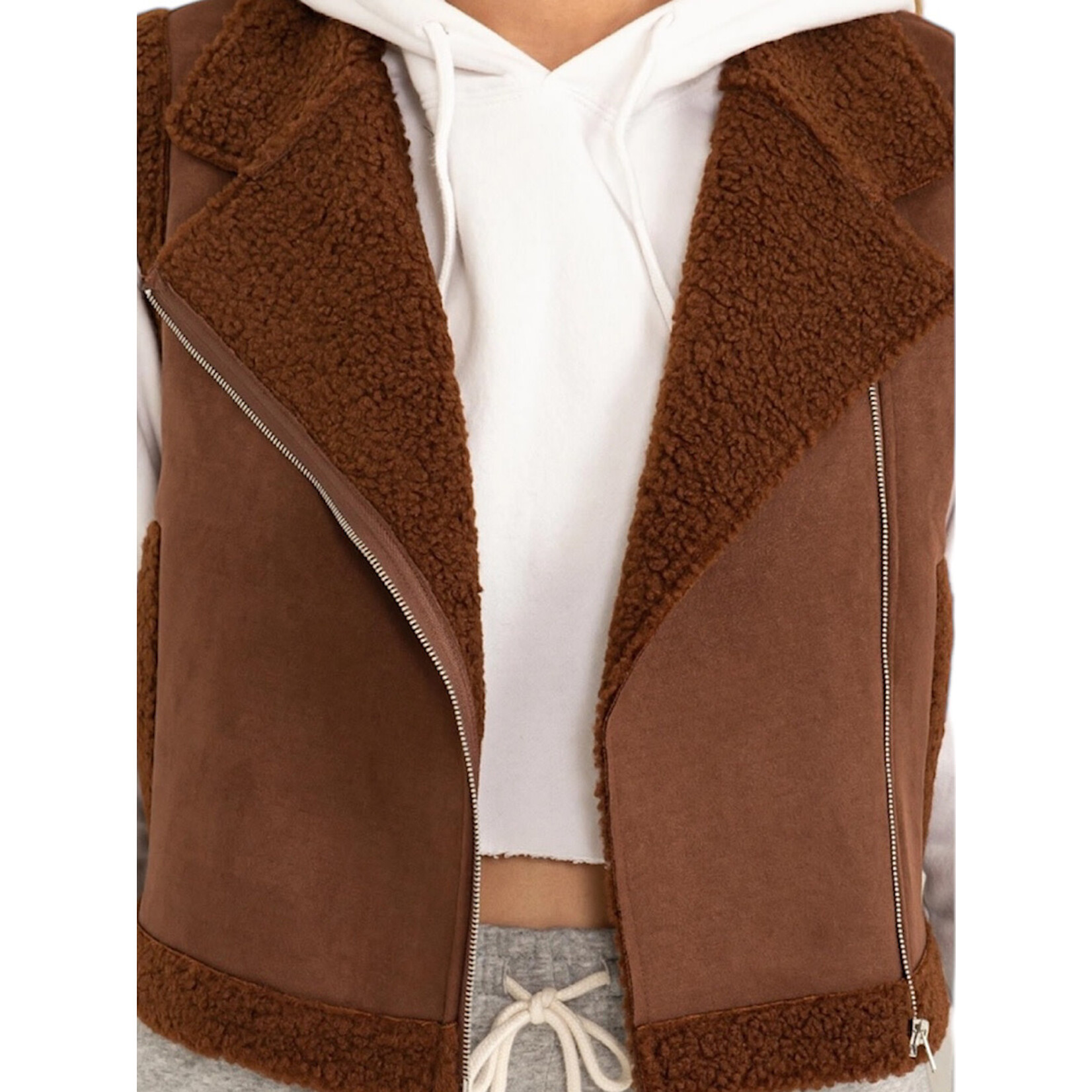 Dark Oak Brown Faux Suede Fur Crop Vest