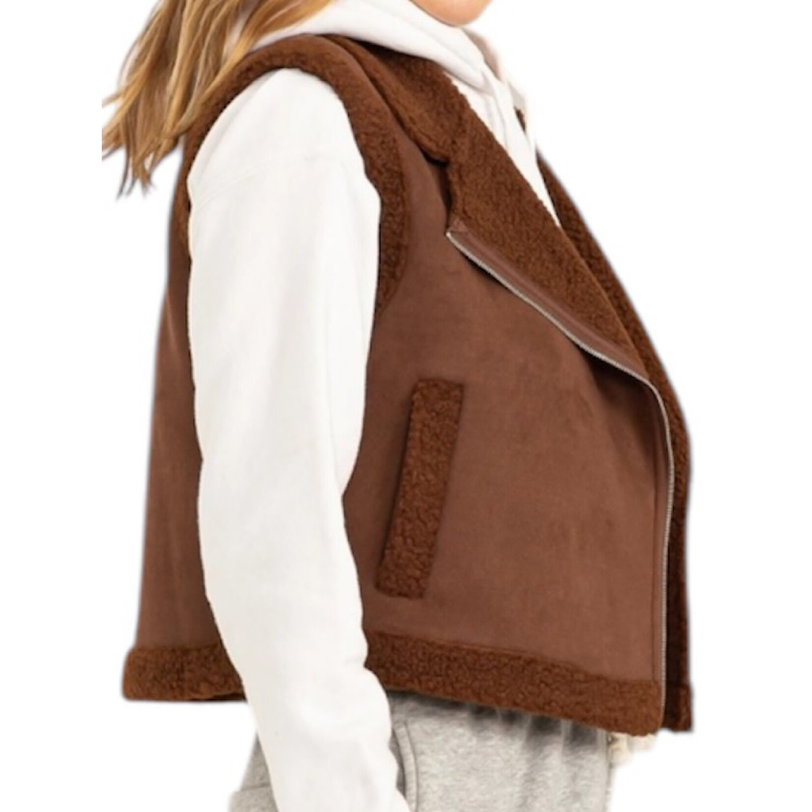 Dark Oak Brown Faux Suede Fur Crop Vest