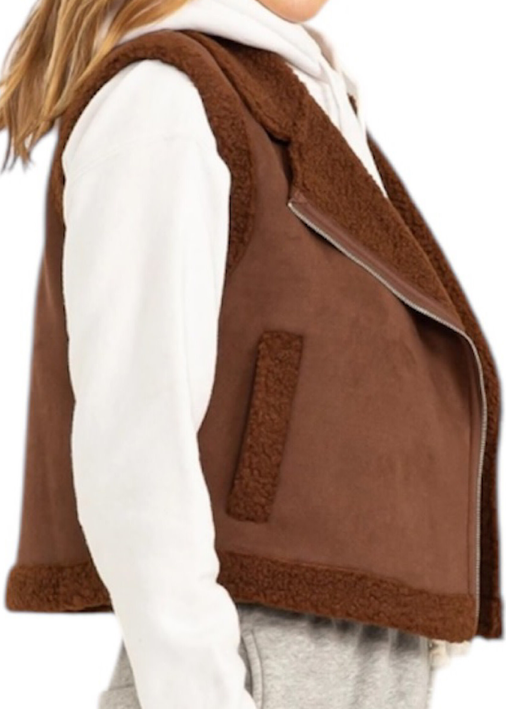 Dark Oak Brown Faux Suede Fur Crop Vest