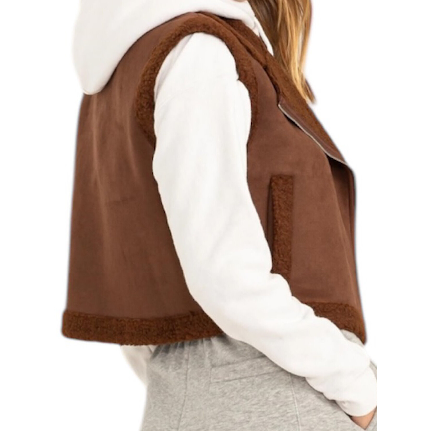 Dark Oak Brown Faux Suede Fur Crop Vest