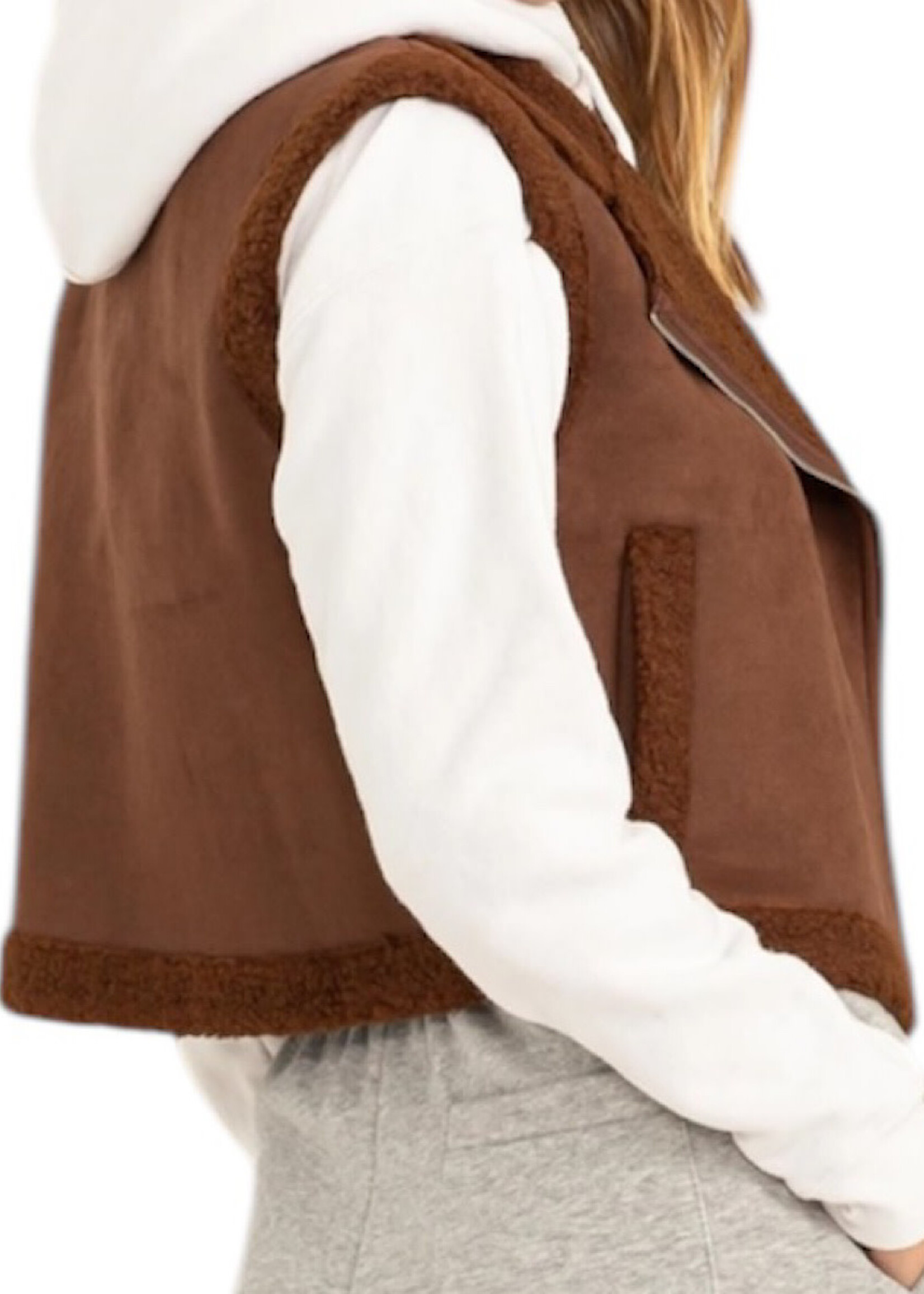 Dark Oak Brown Faux Suede Fur Crop Vest