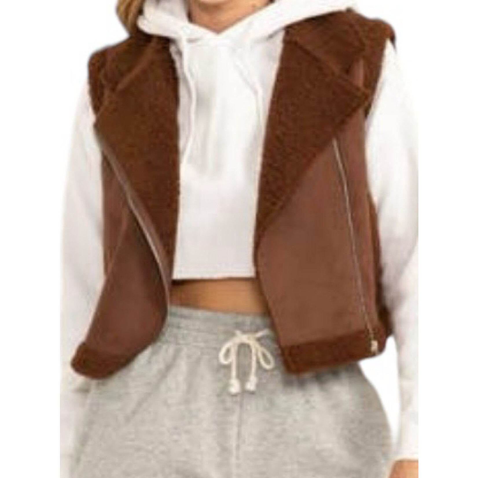 Dark Oak Brown Faux Suede Fur Crop Vest