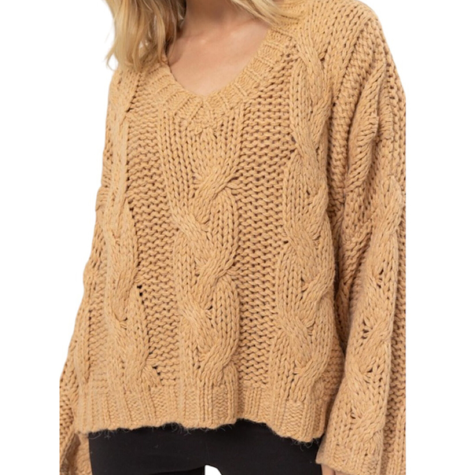 Taupe V-Neck Oversized Cable Knit Sweater