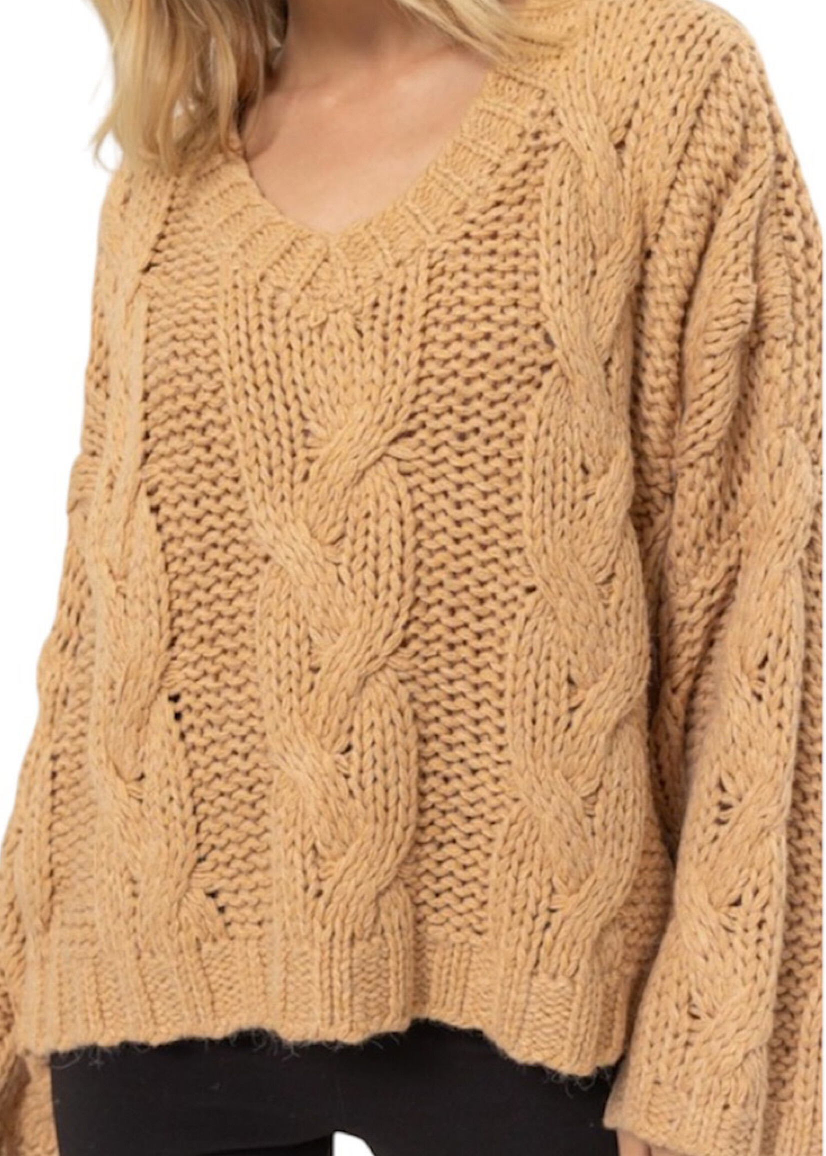 Taupe V-Neck Oversized Cable Knit Sweater