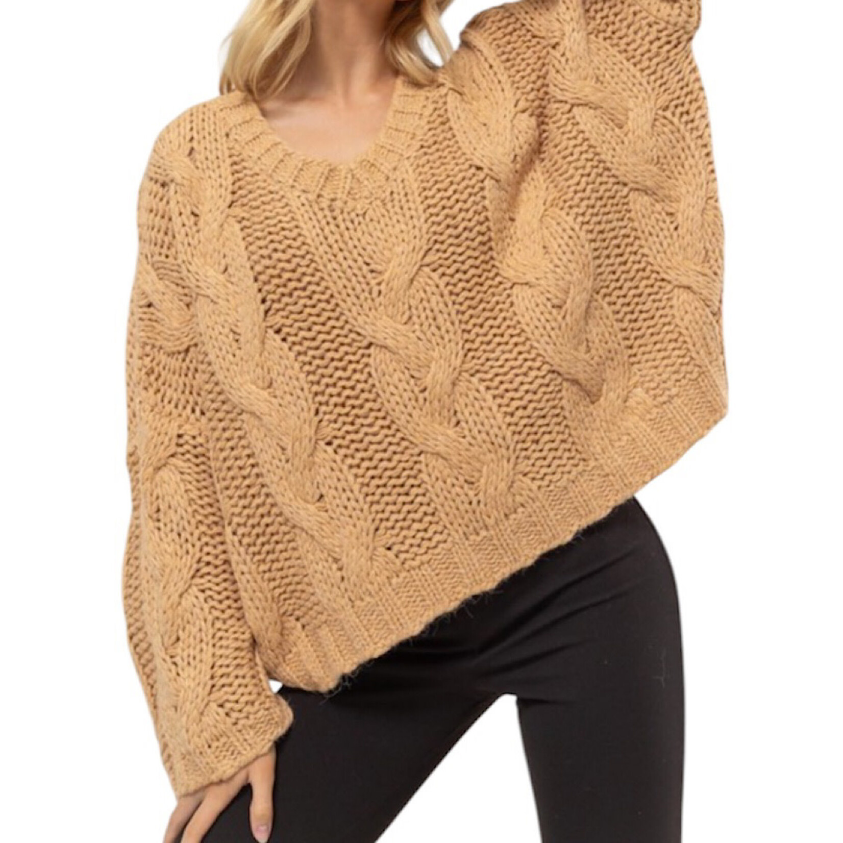 Taupe V-Neck Oversized Cable Knit Sweater