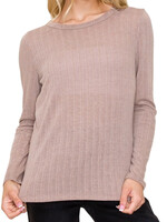 Mocha Crew Neck Long Sleeve Ribbed Basic Top