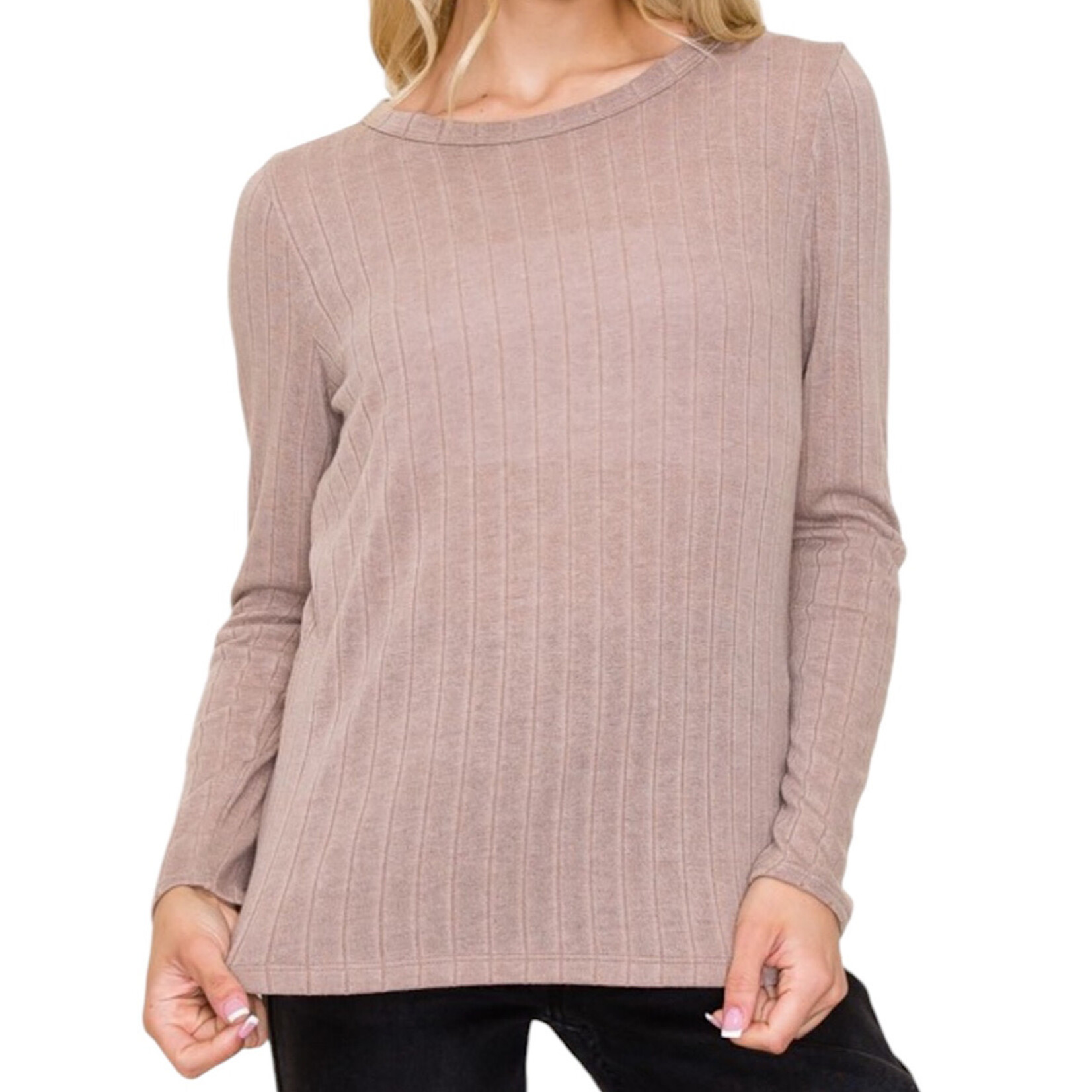 Mocha Crew Neck Long Sleeve Ribbed Basic Top