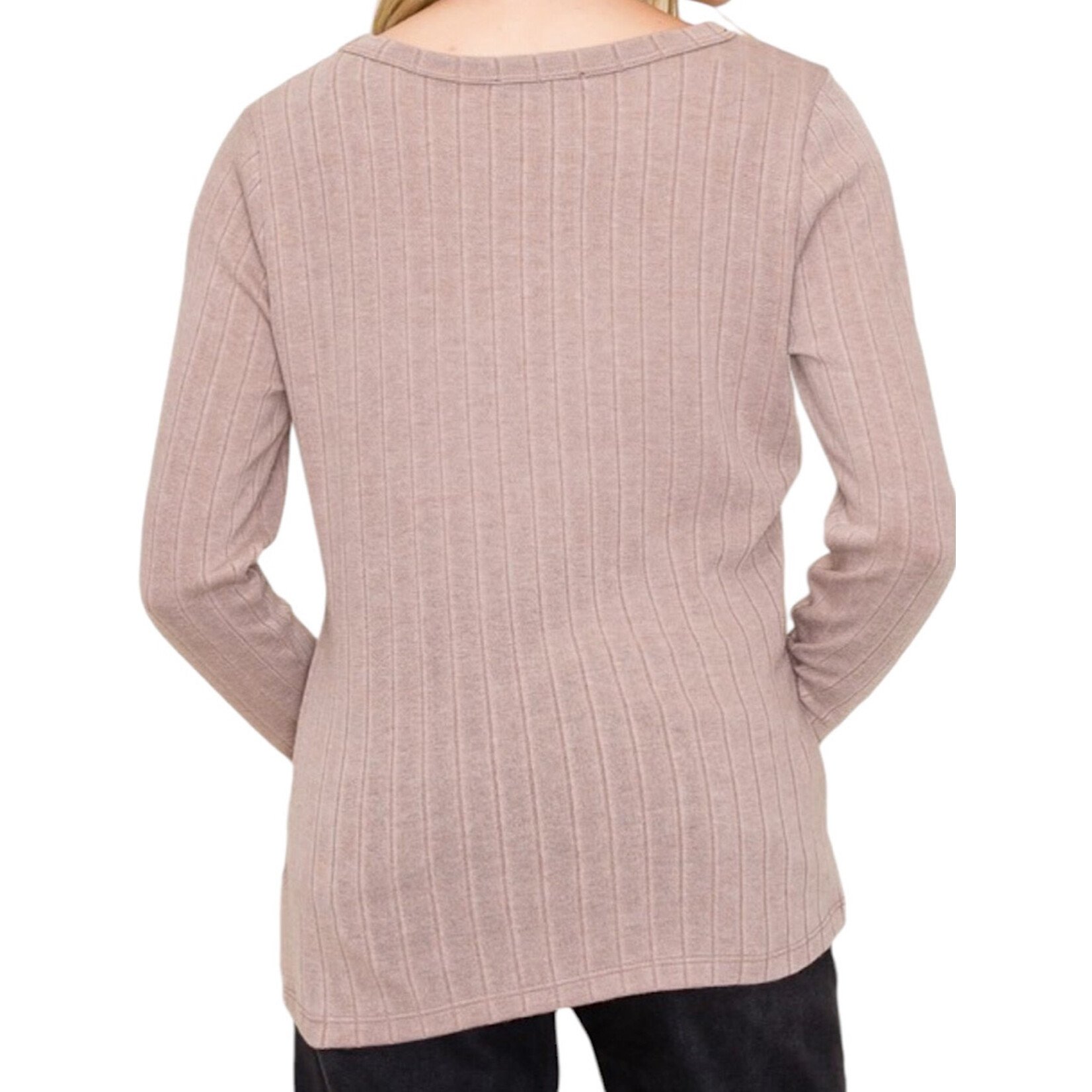Mocha Crew Neck Long Sleeve Ribbed Basic Top