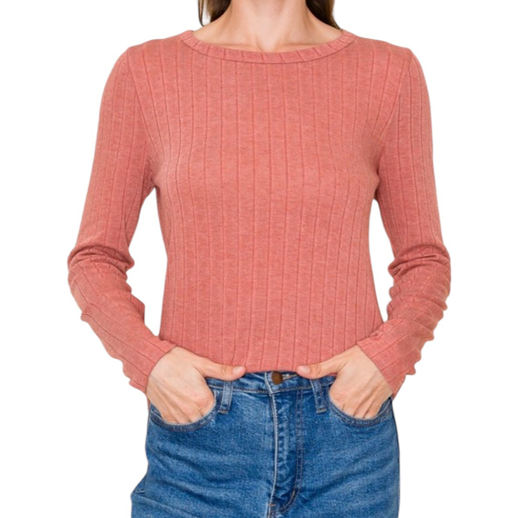 Brick Crew Neck Long Sleeve Ribbed Basic Top