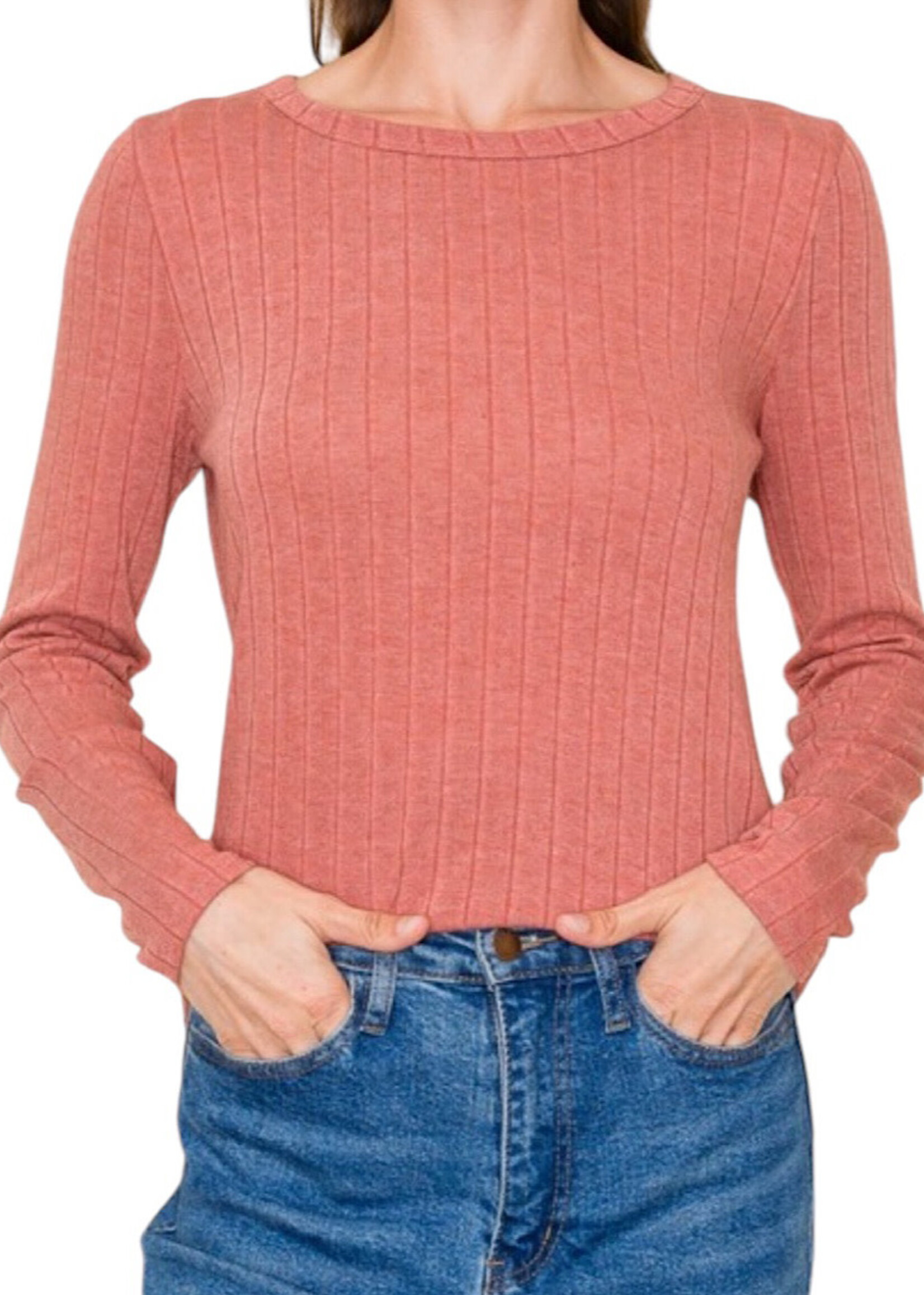 Brick Crew Neck Long Sleeve Ribbed Basic Top