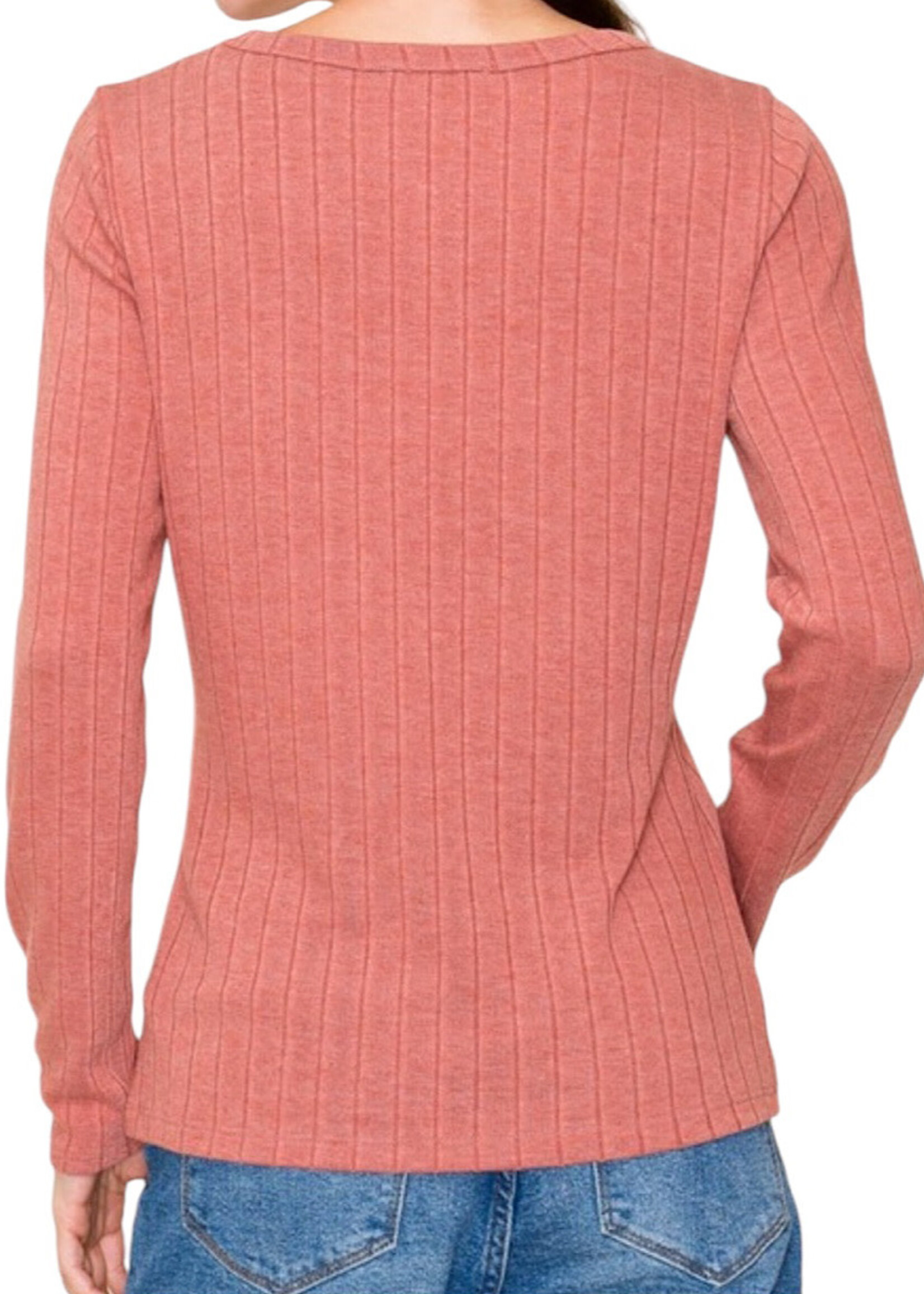 Brick Crew Neck Long Sleeve Ribbed Basic Top