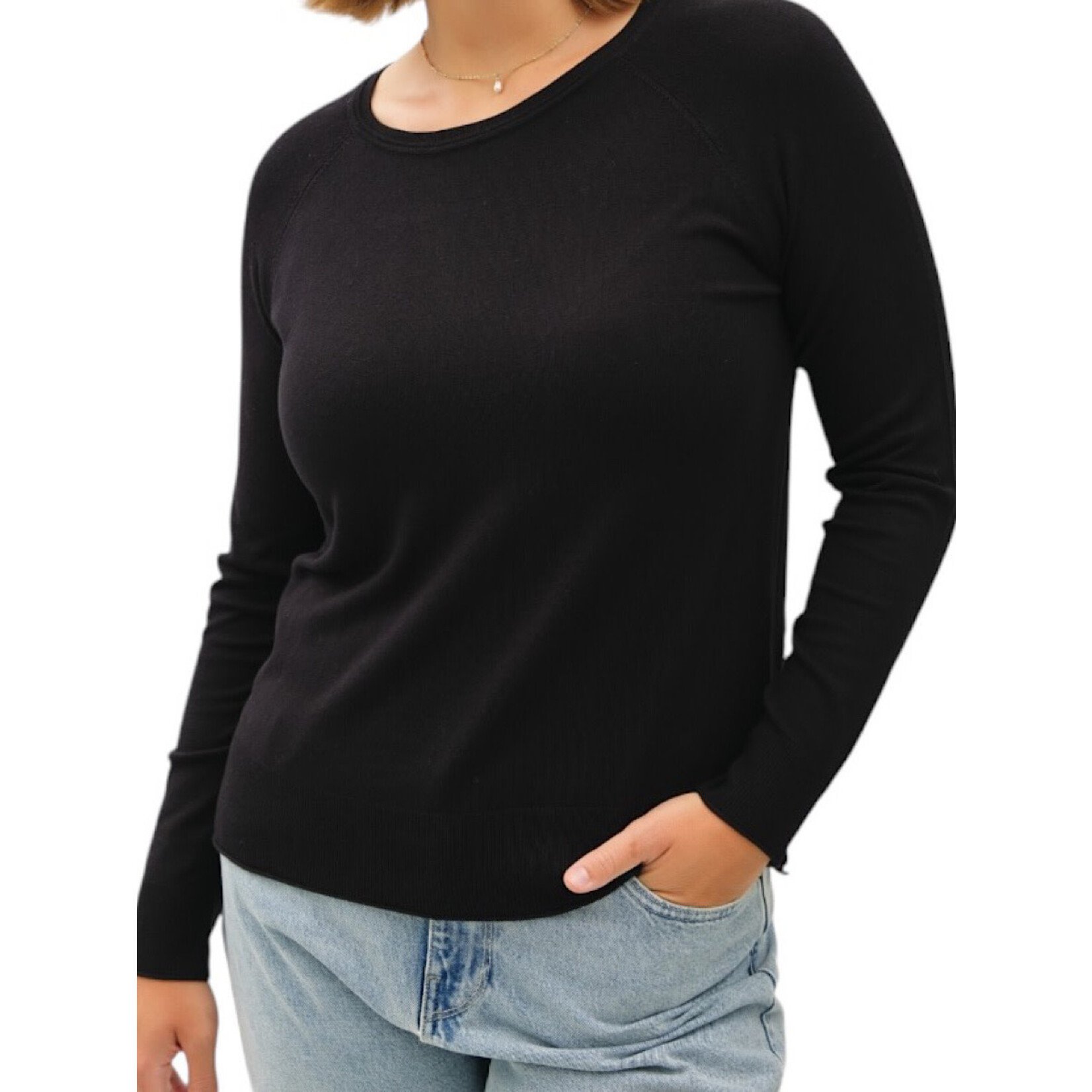 Black Lightweight Round Neck Sweater with Side Slits