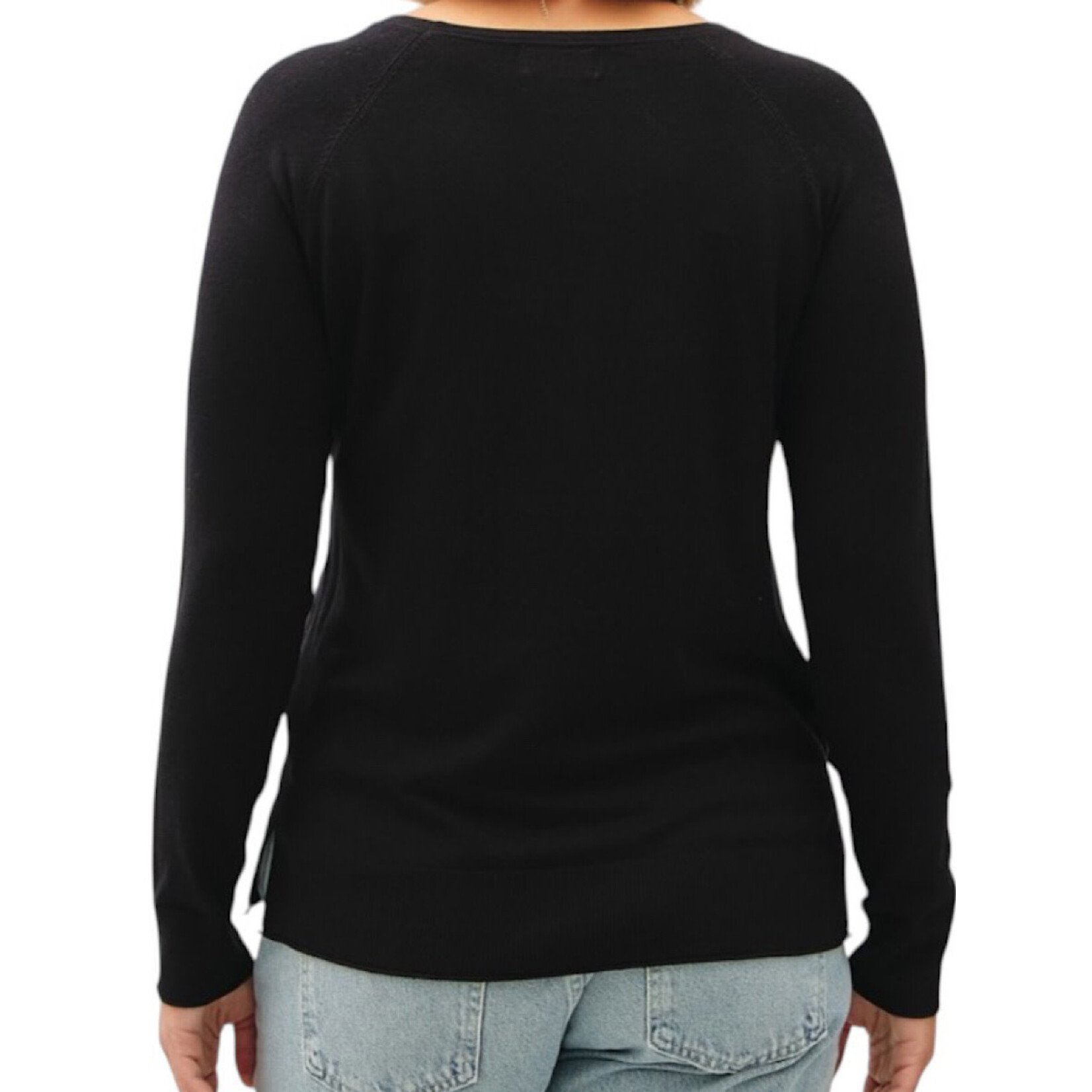 Black Lightweight Round Neck Sweater with Side Slits