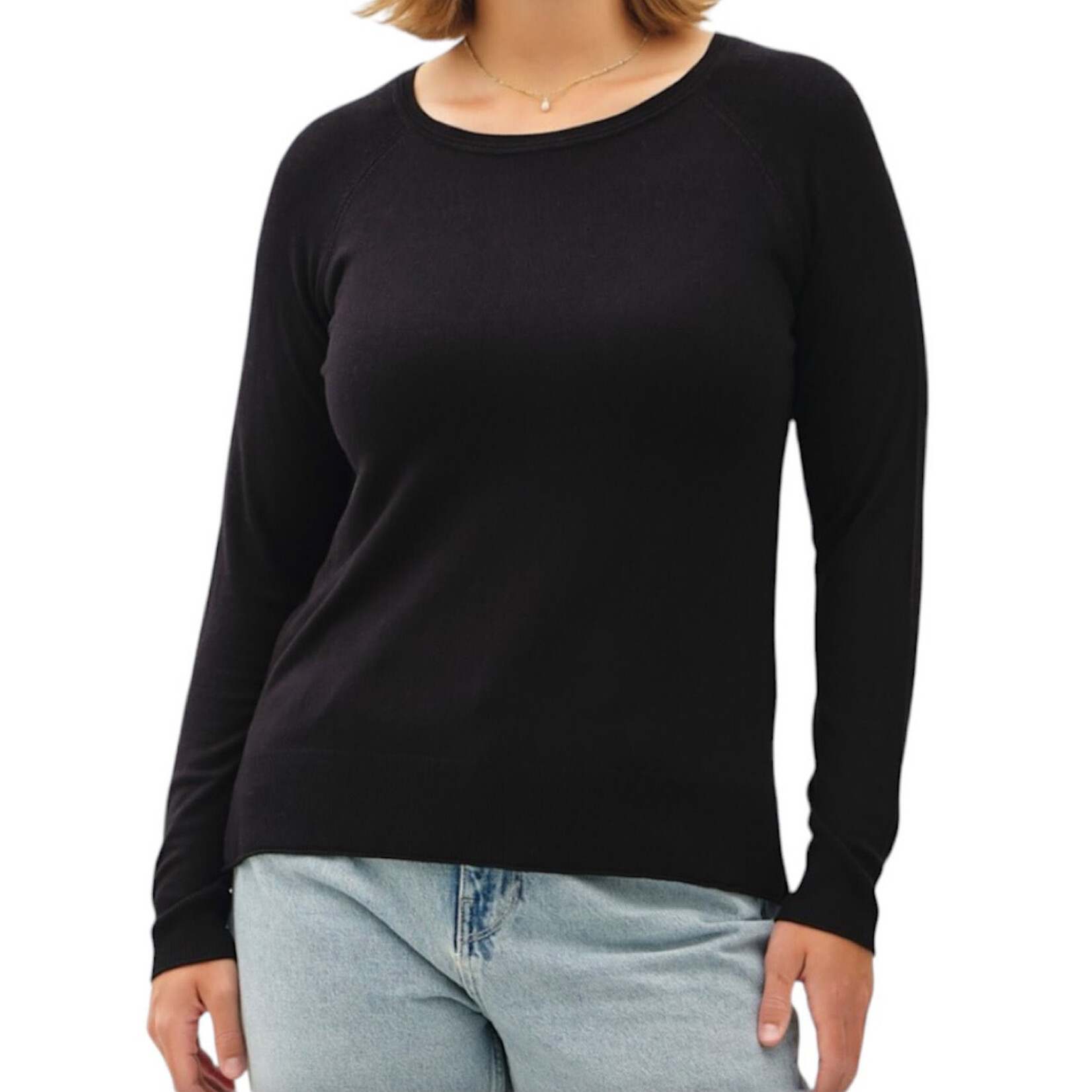 Black Lightweight Round Neck Sweater with Side Slits