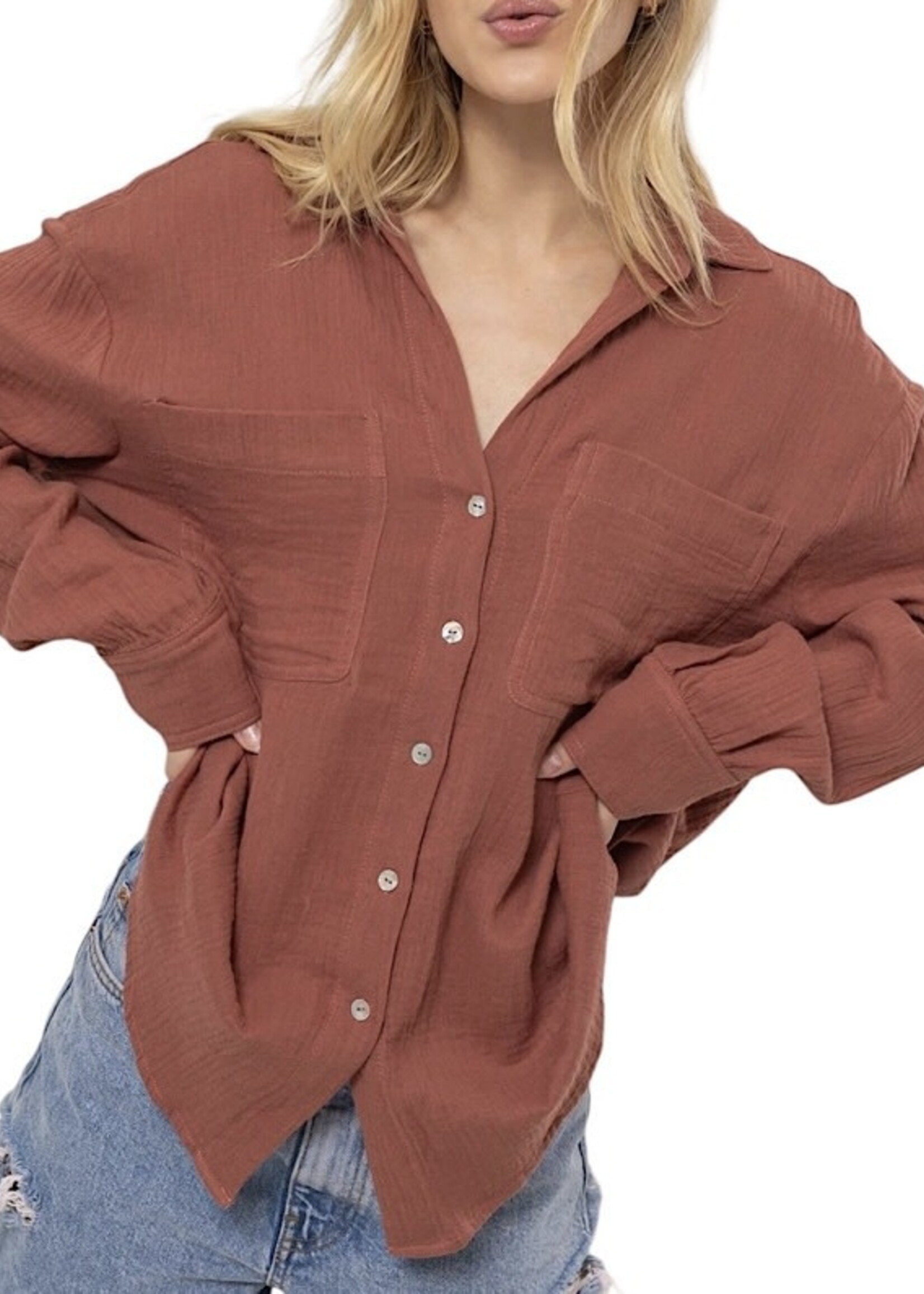 Terracotta Double Gauze Button Down Blouse