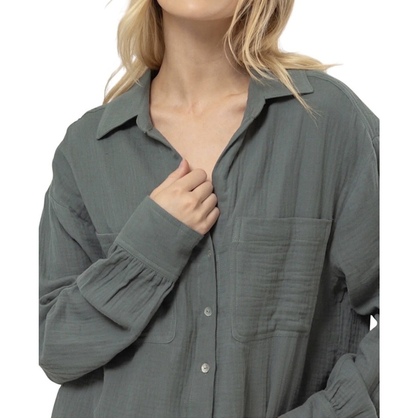 Teal Green Double Gauze Button Down Blouse