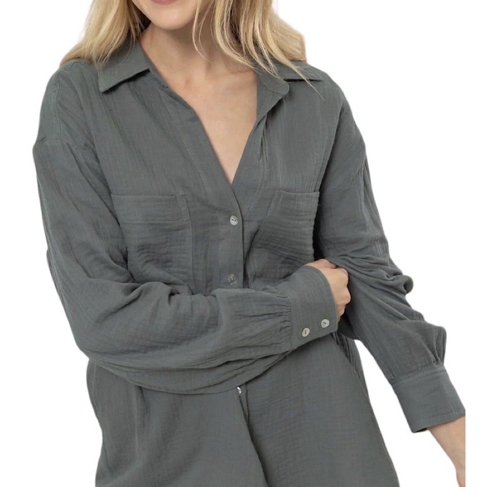 Teal Green Double Gauze Button Down Blouse