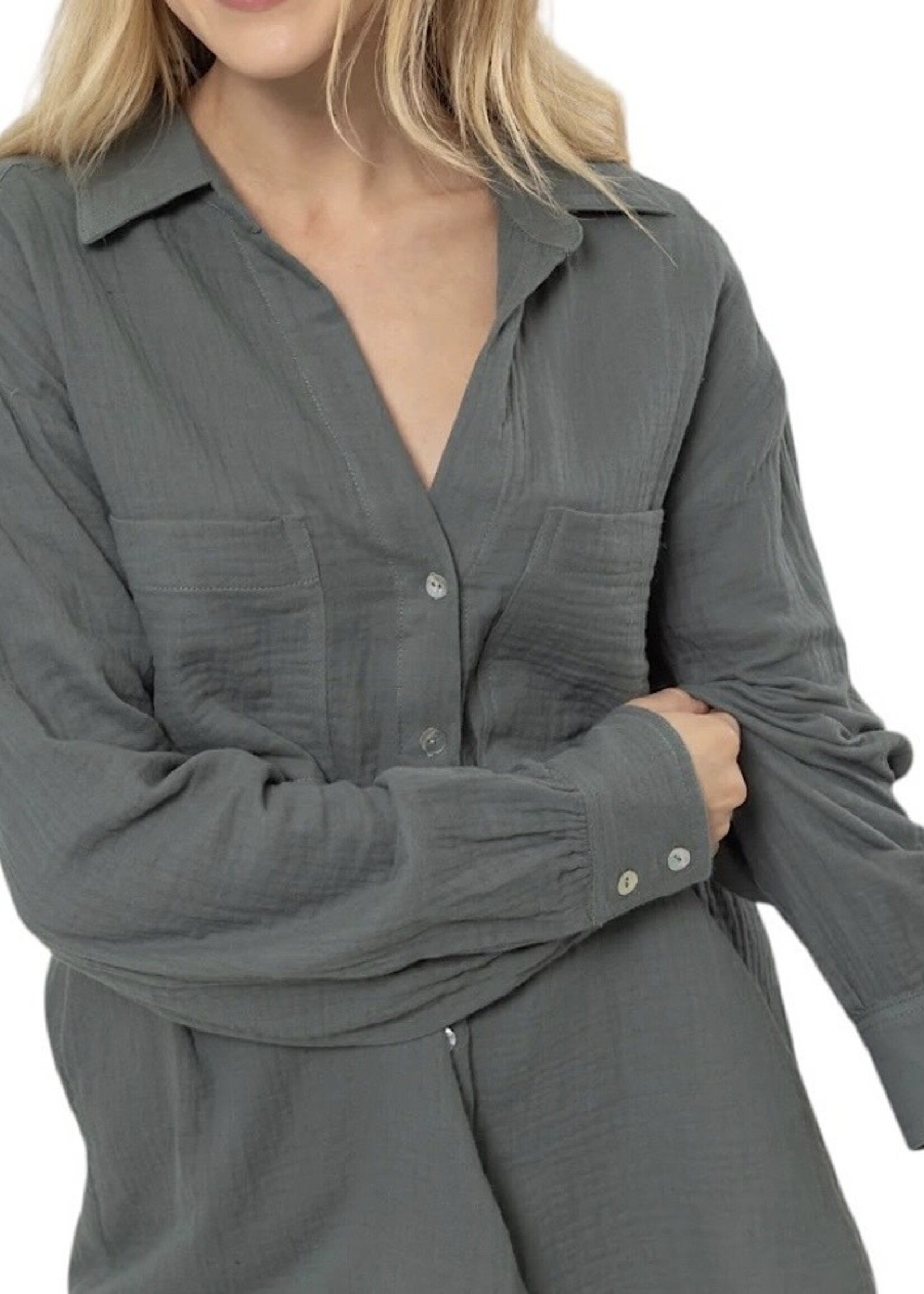 Teal Green Double Gauze Button Down Blouse