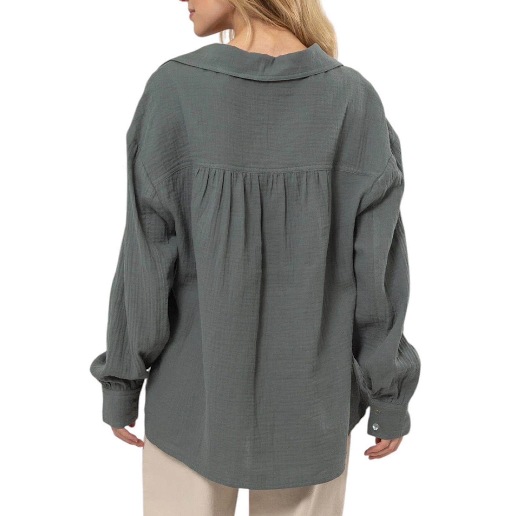 Teal Green Double Gauze Button Down Blouse