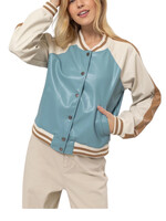 Retro Blue Chic Color Block Baseball Jacket