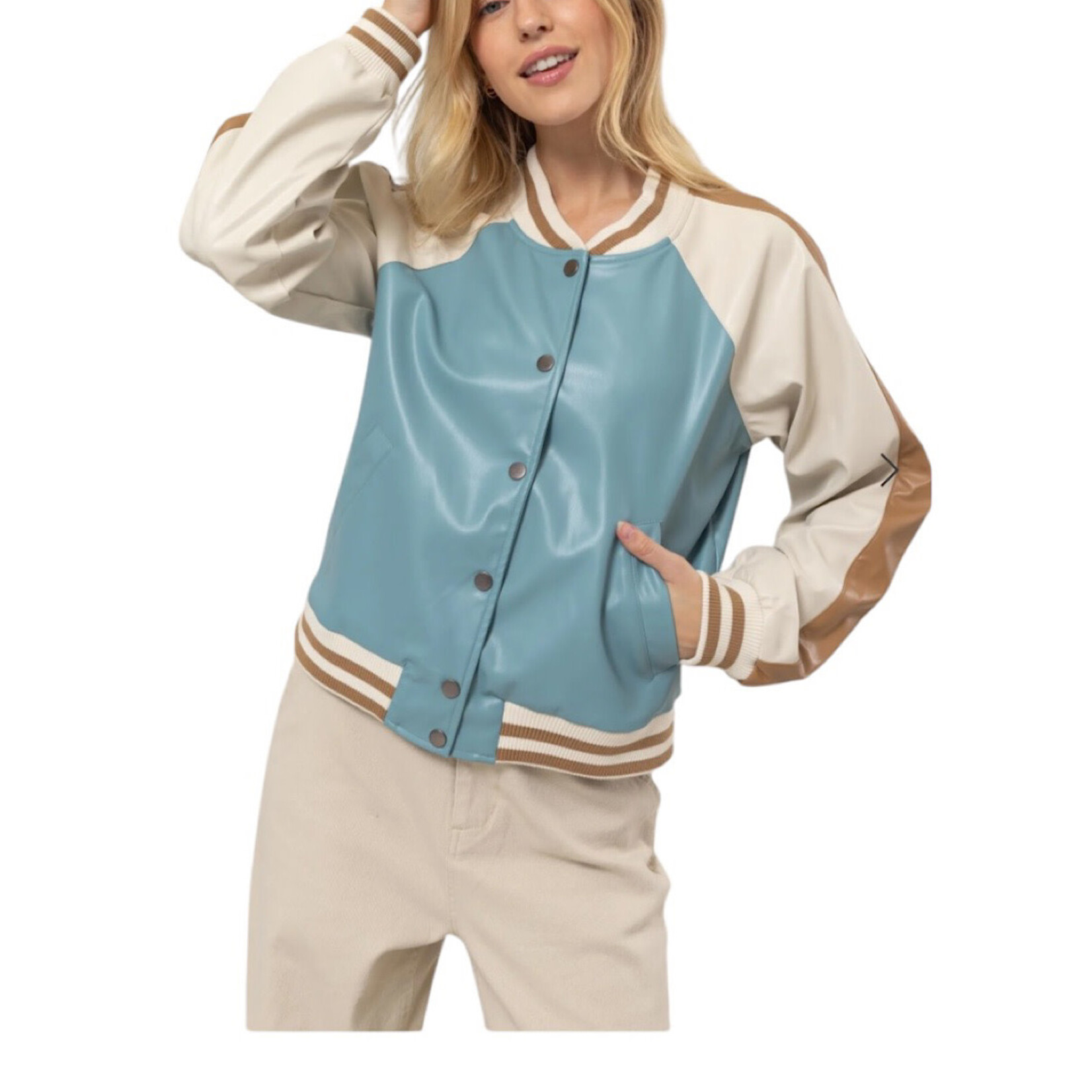 Retro Blue Chic Color Block Baseball Jacket