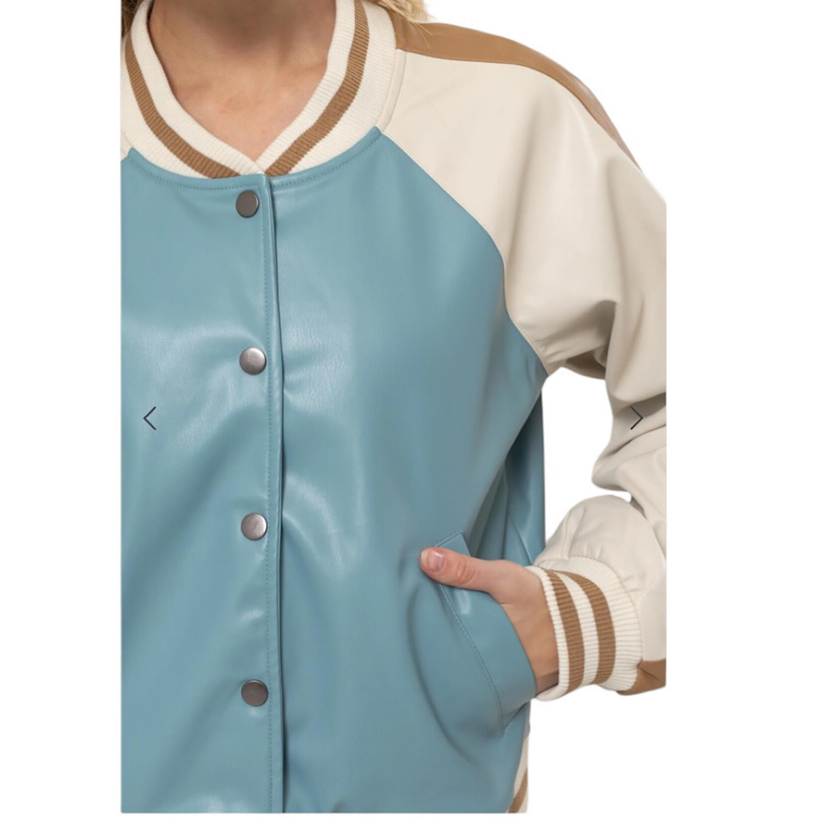 Retro Blue Chic Color Block Baseball Jacket