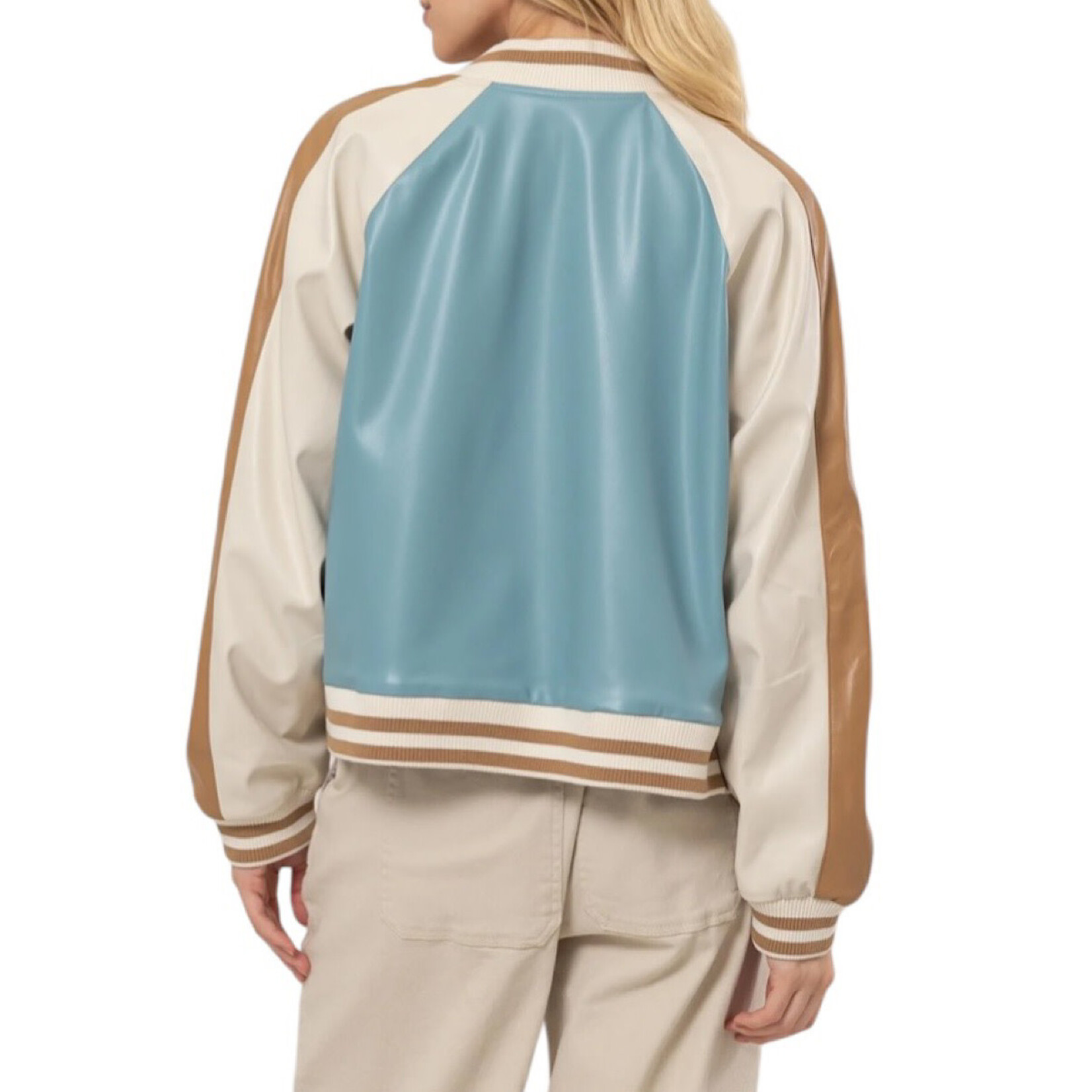 Retro Blue Chic Color Block Baseball Jacket