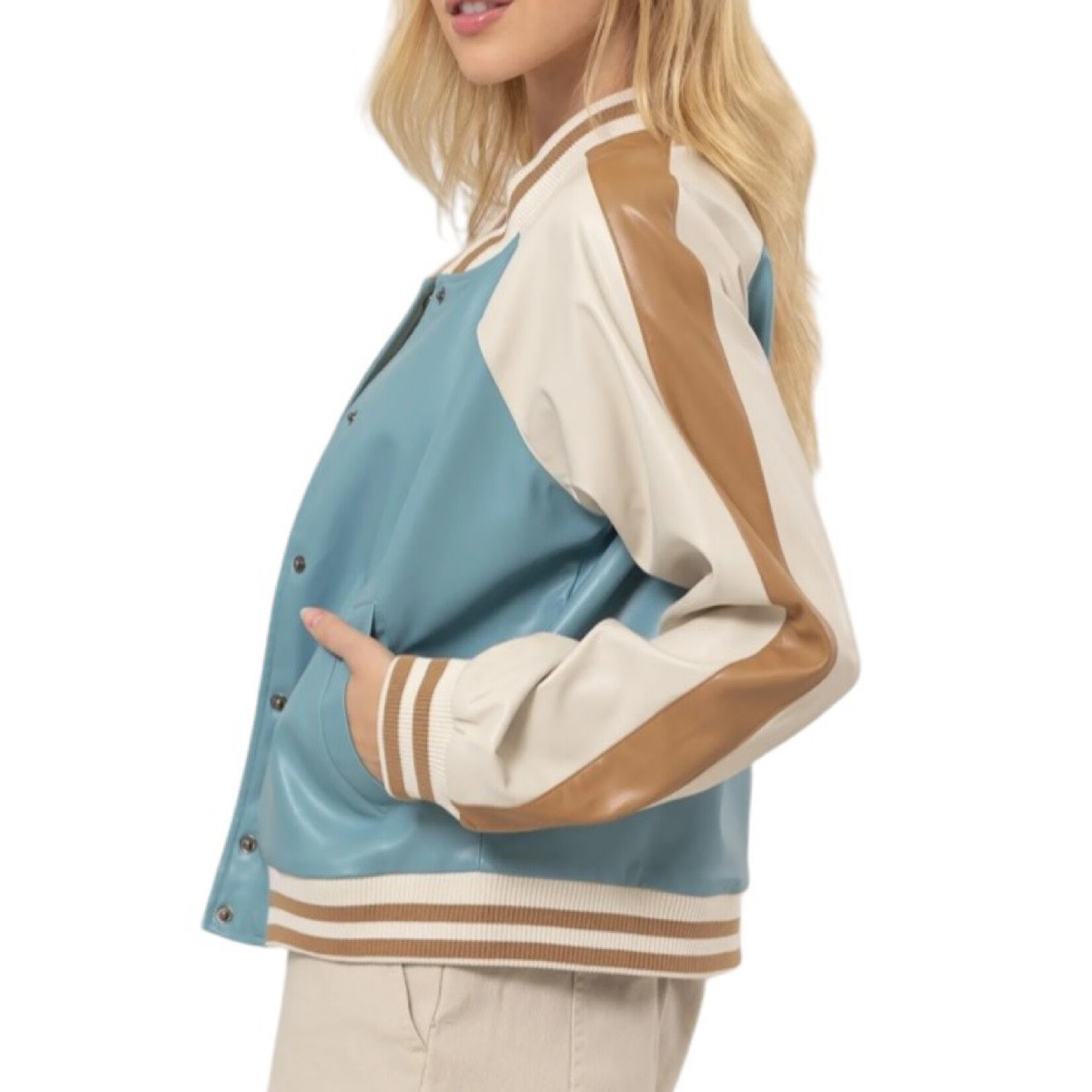 Retro Blue Chic Color Block Baseball Jacket