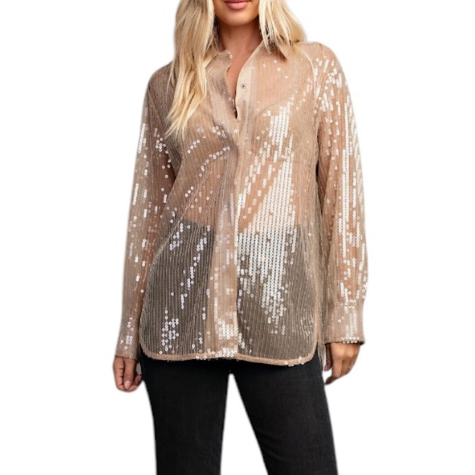 Taupe Sequin Collard Button Down Shirt