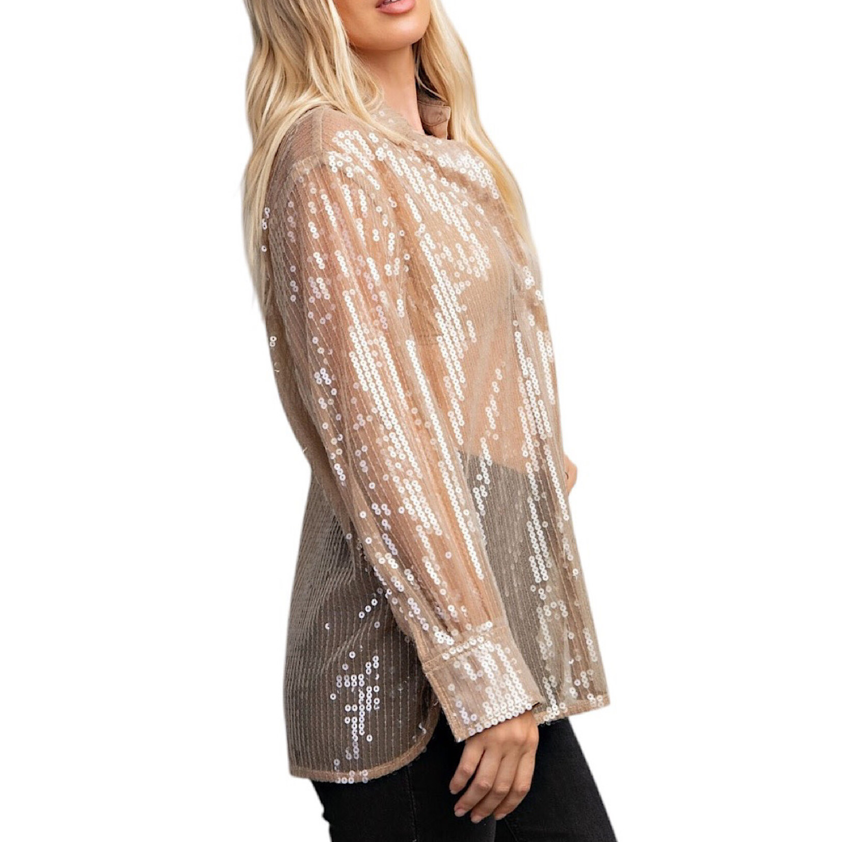 Taupe Sequin Collard Button Down Shirt