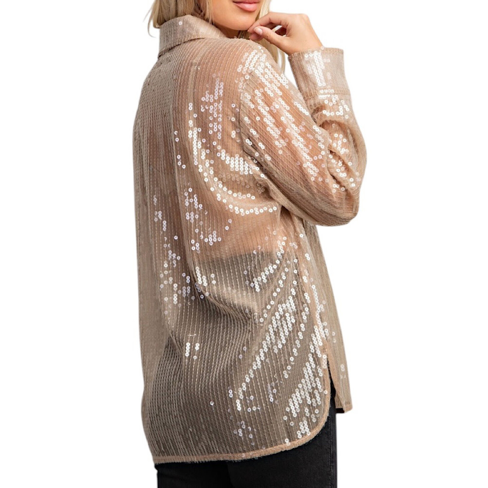 Taupe Sequin Collard Button Down Shirt