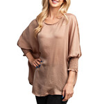 Taupe Round Neck Smocked Cuffs Oversized Top