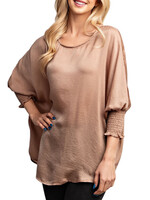 Taupe Round Neck Smocked Cuffs Oversized Top