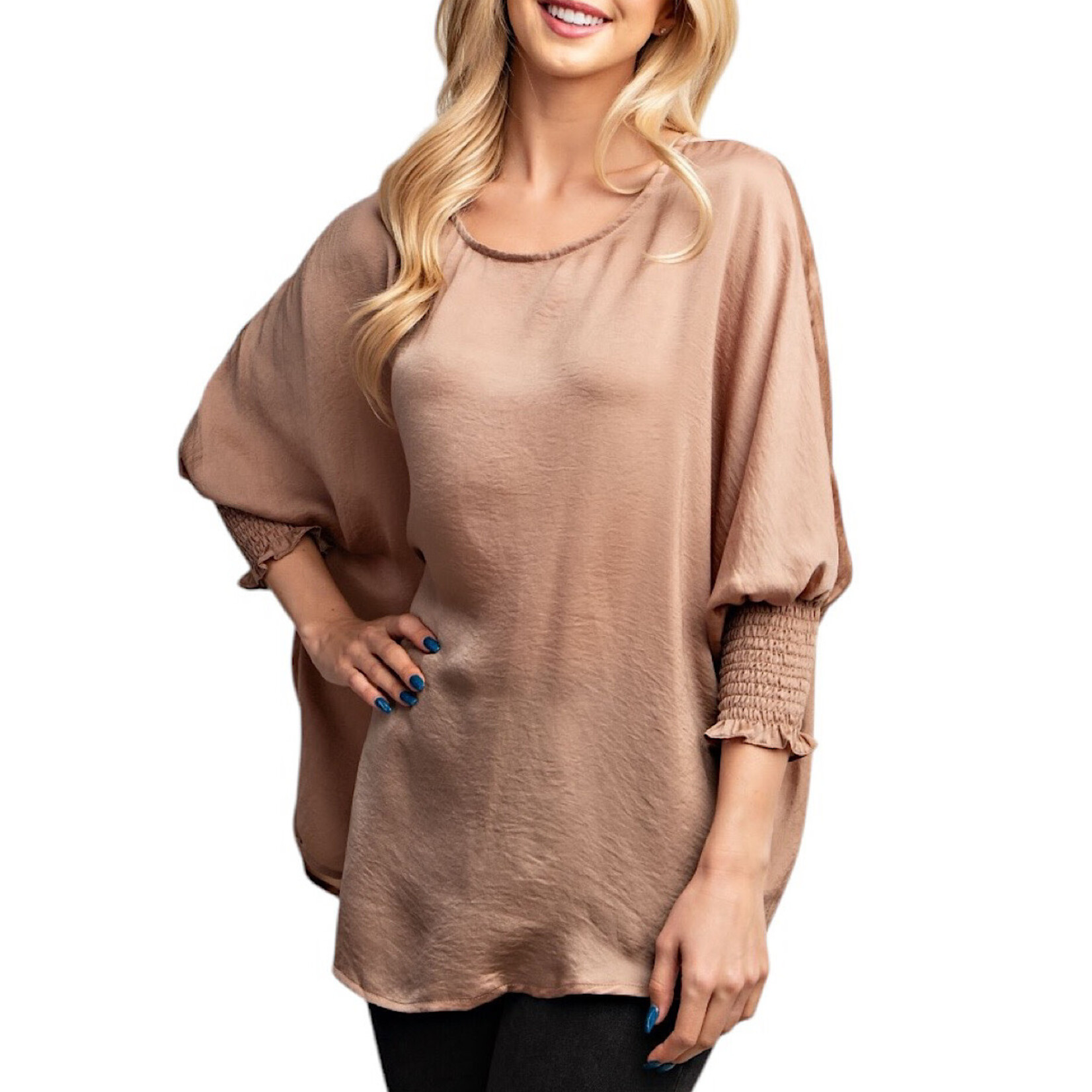 Taupe Round Neck Smocked Cuffs Oversized Top