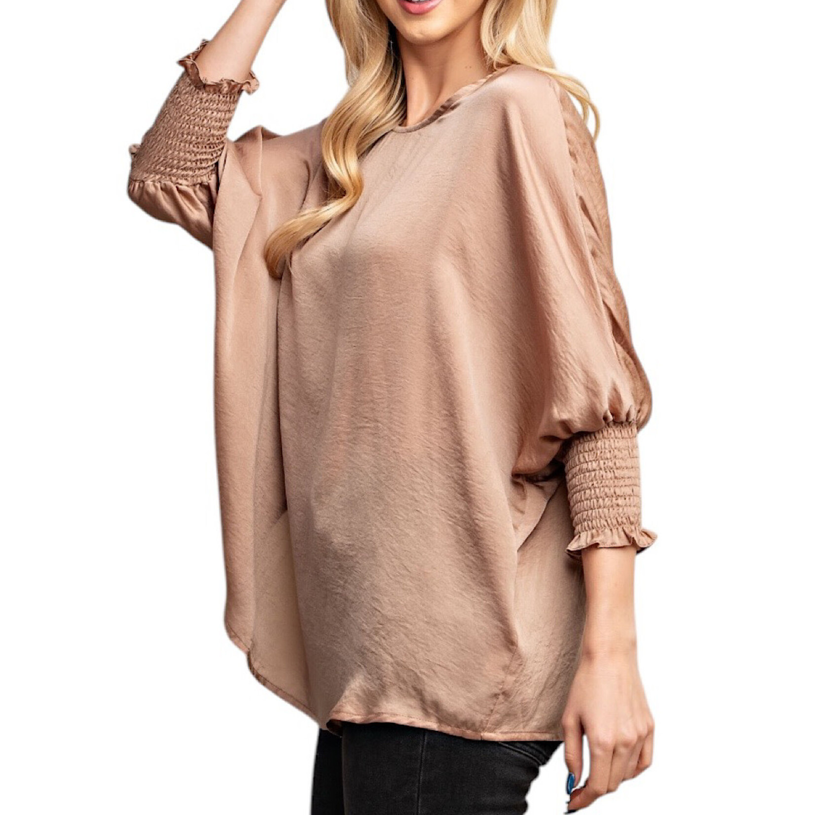 Taupe Round Neck Smocked Cuffs Oversized Top