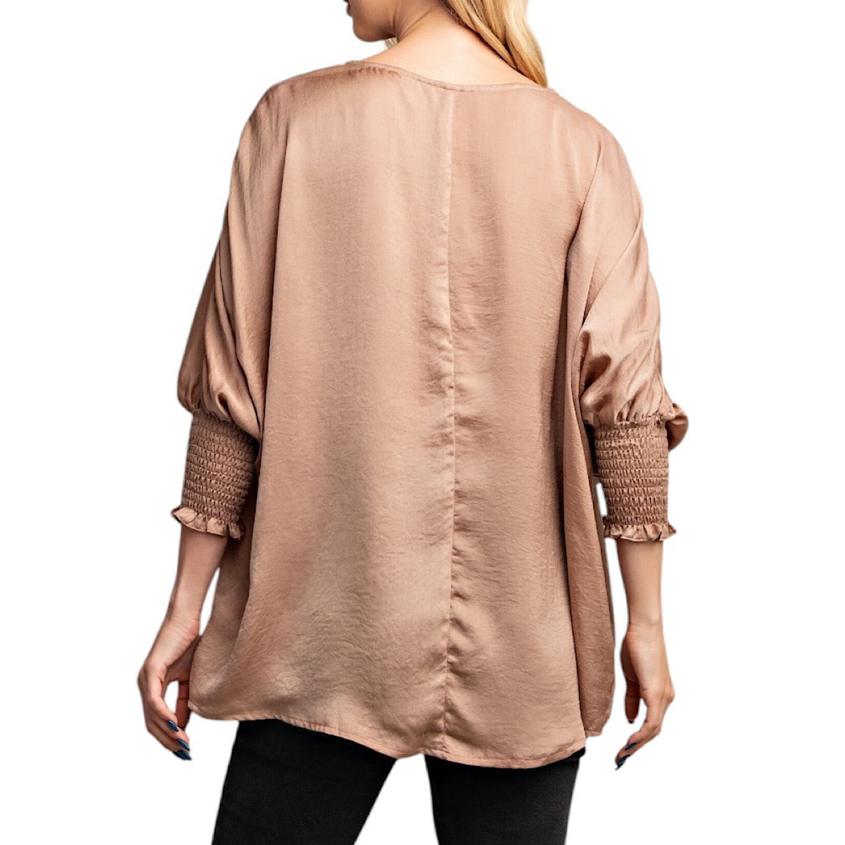 Taupe Round Neck Smocked Cuffs Oversized Top