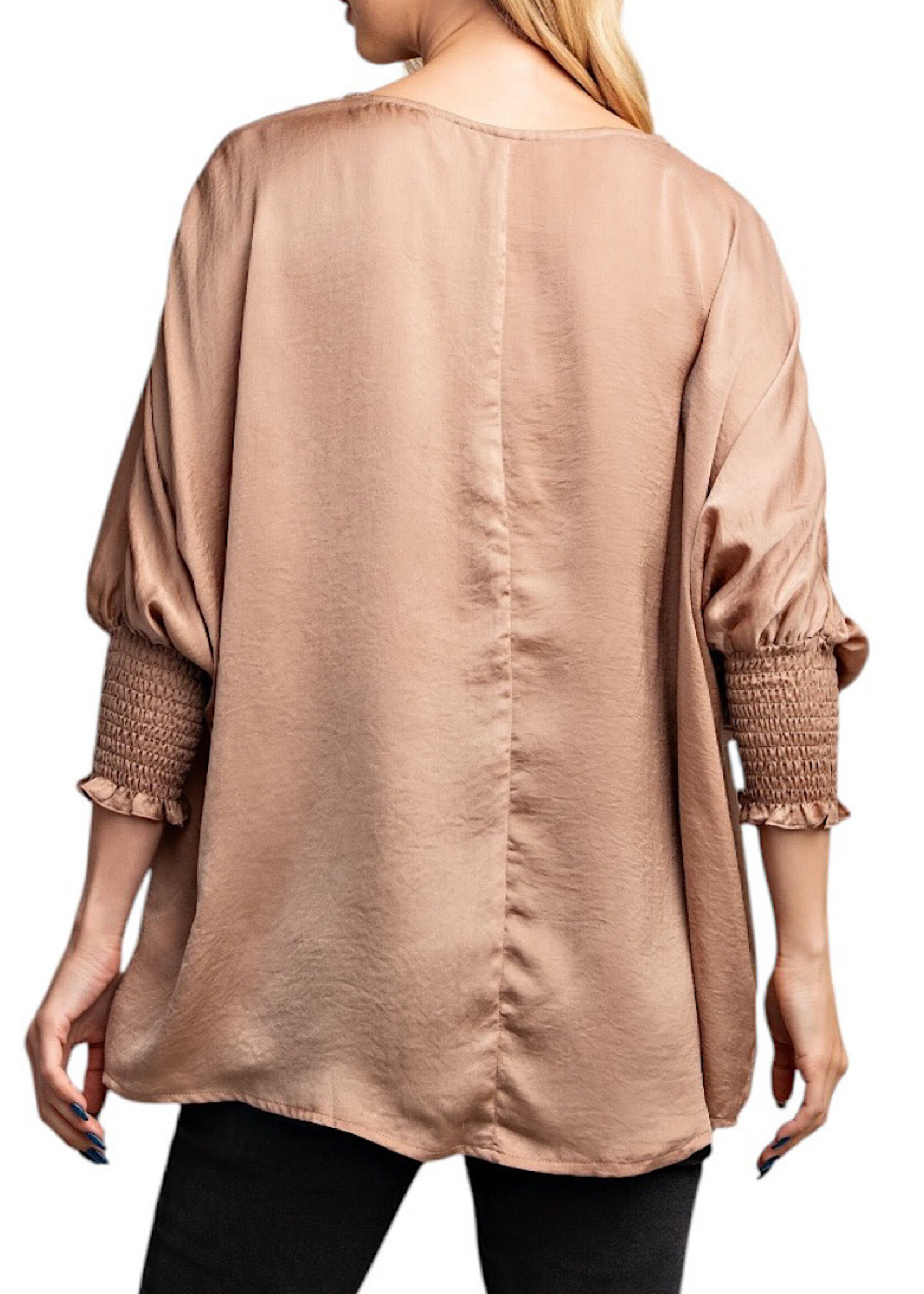 Taupe Round Neck Smocked Cuffs Oversized Top