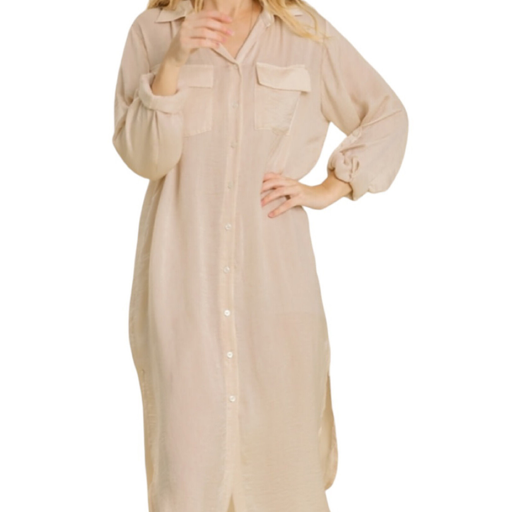Champagne Satin Button Down Midi Dress